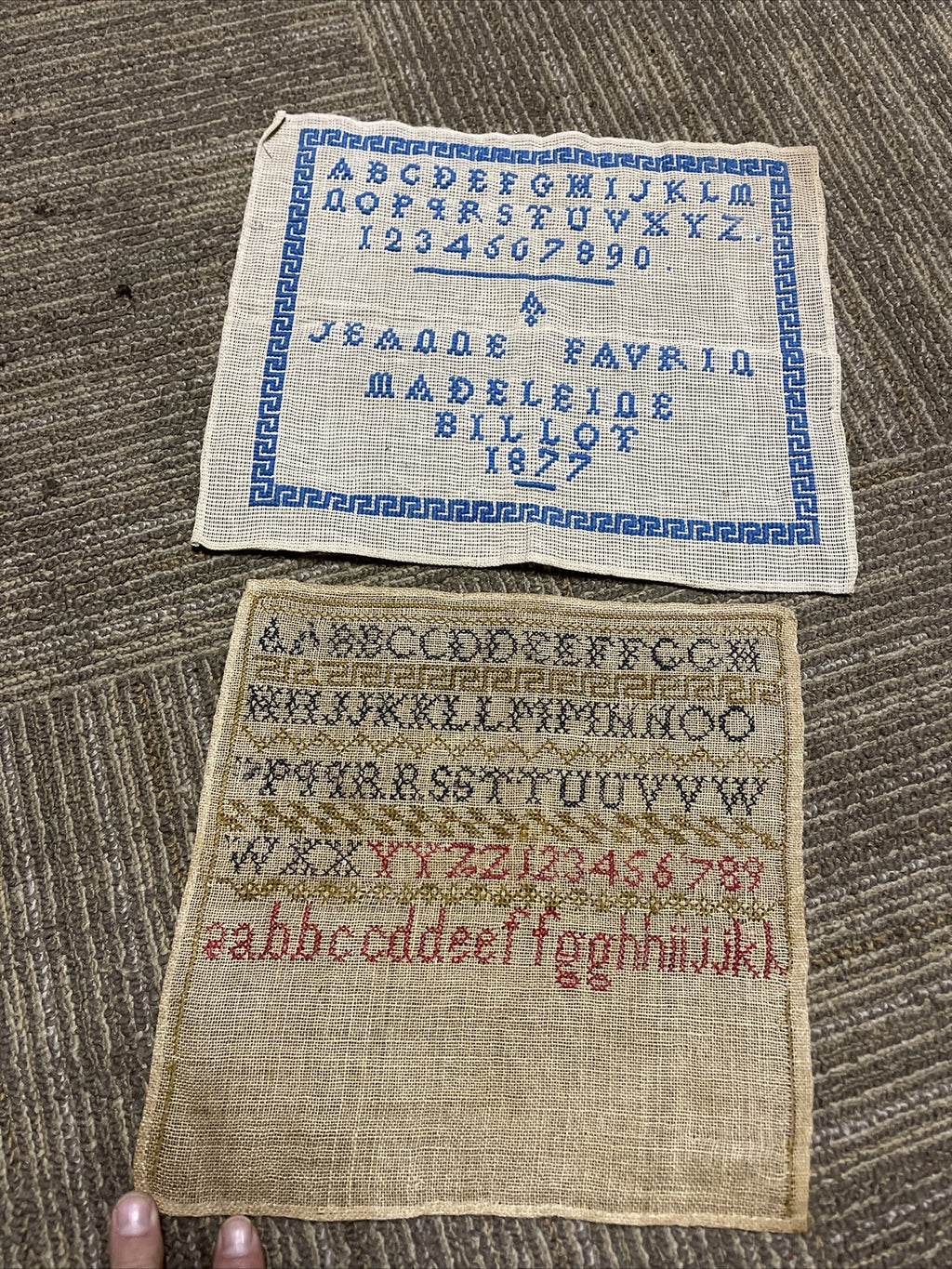 Antique Sampler Lot Of 2 1870s Alphabet Named0
