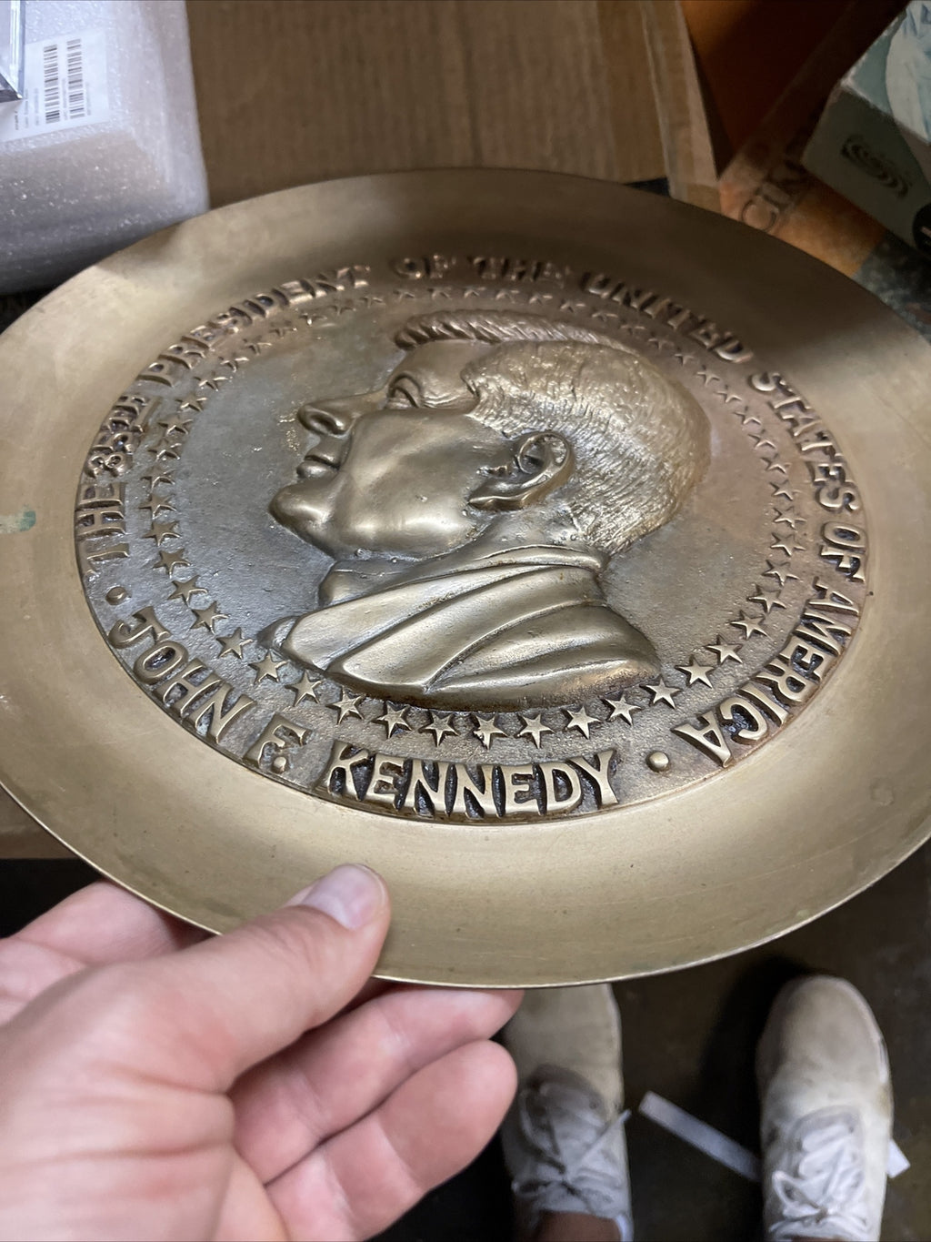 Vintage JOHN F KENNEDY Brass  Bust Sculpture Plate Plaque Embossed JFK 12.5”1