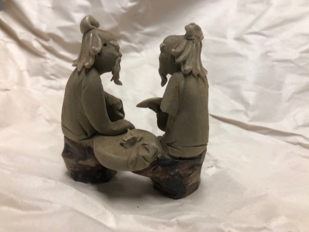 2 Lot Vintage Mudman Chinese Pottery Figurine Statue Men Playing Chess Checkers8