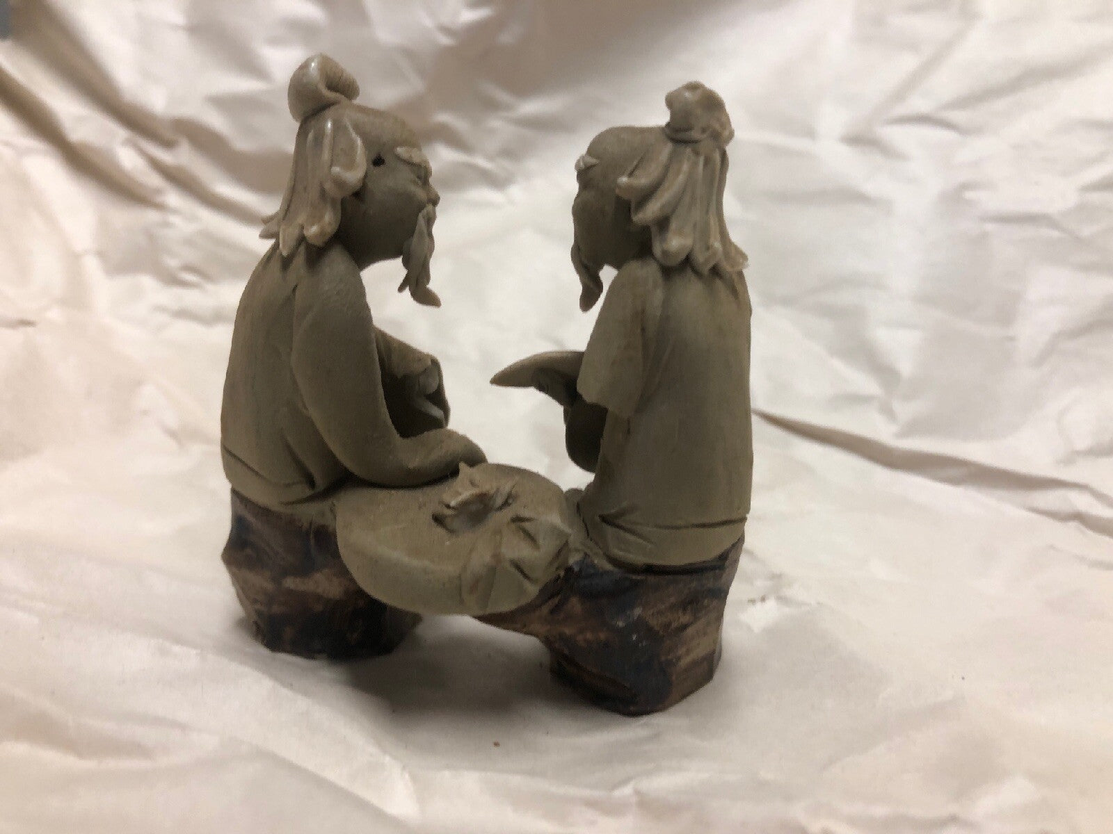 2 Lot Vintage Mudman Chinese Pottery Figurine Statue Men Playing Chess Checkers8