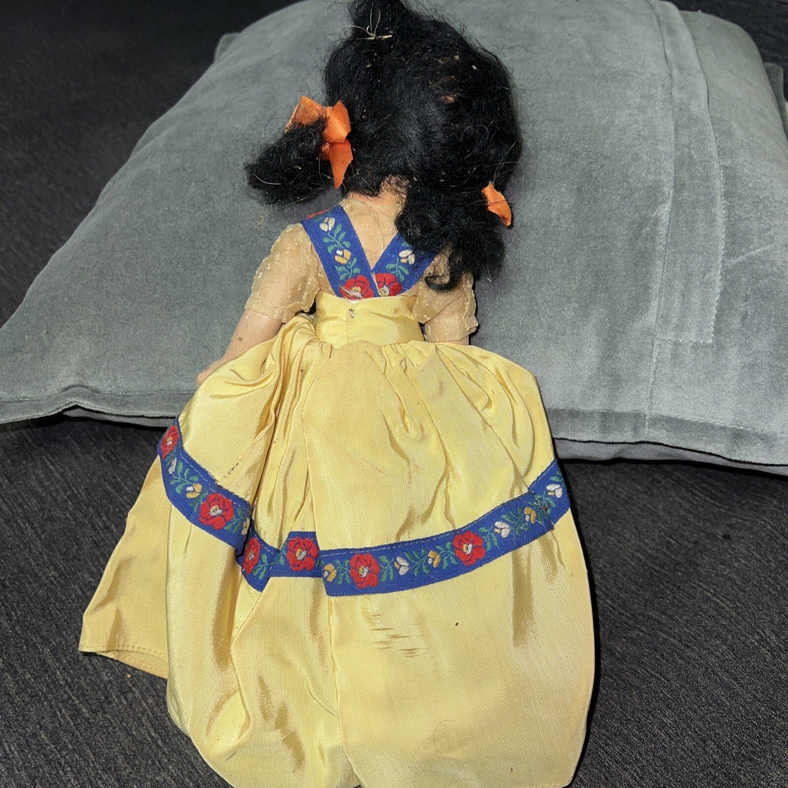 Vintage Antique Composition Paper? Doll Old Look Yellow Dress 11” Maker Unknown4