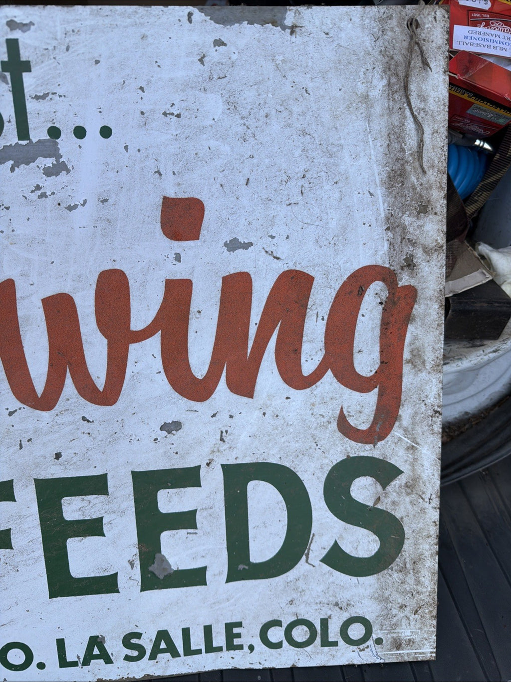 John Ewing Range Feeds Original Painted Metal Not Porcelain Sign Best In West3
