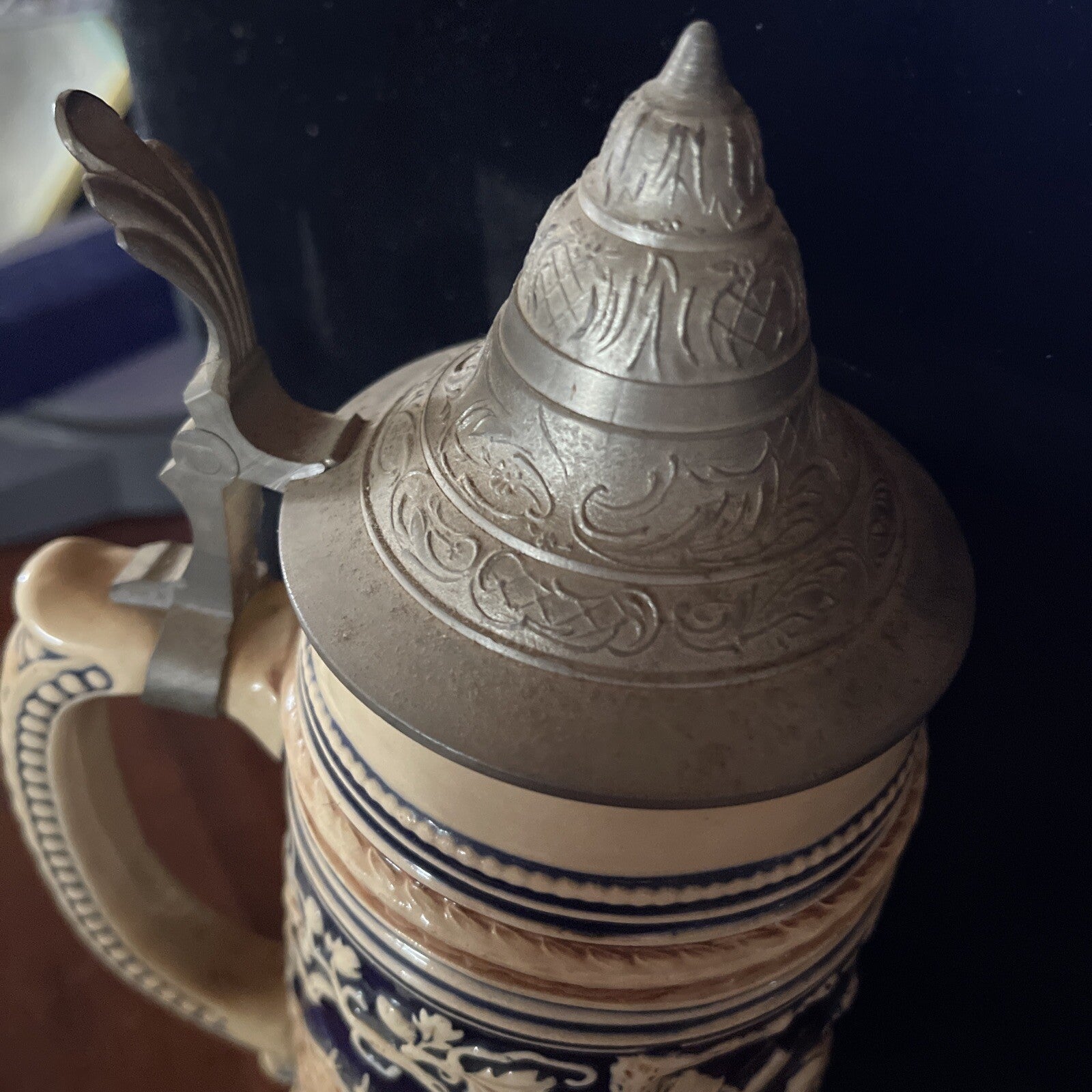 Antique German Germany pre WW1 signed Porcelain Lidded Beer Stein Mug 10.5”6