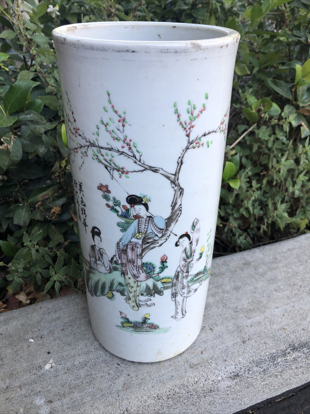 Antique Chinese Famille Rose Porcelain Hat-Stand Vase 11”x5” Family In Nature4