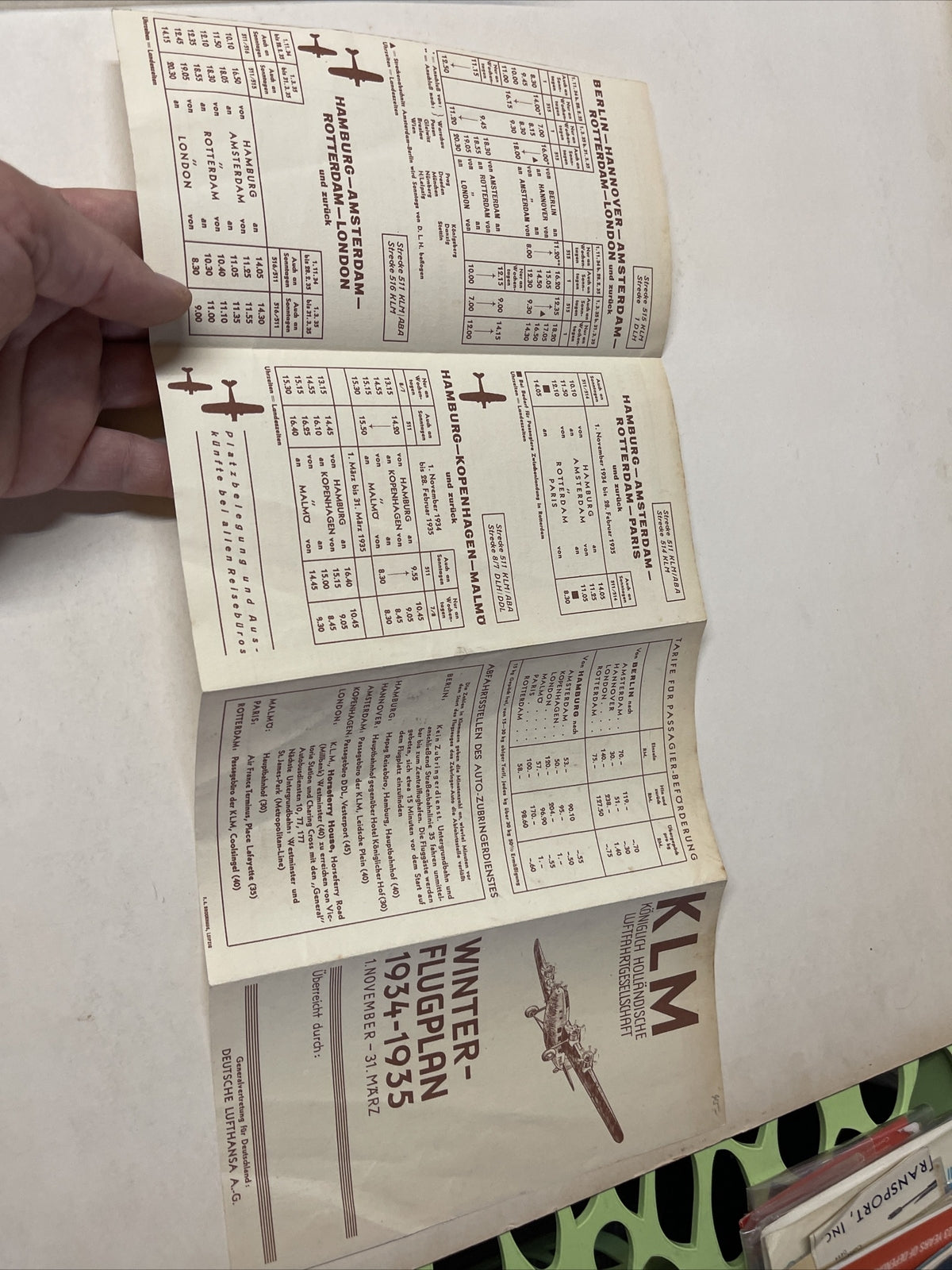 KLM Deutsche Lufthansa 1934 Nov. AIRLINE TIMETABLE SCHEDULE Brochure flight Map4