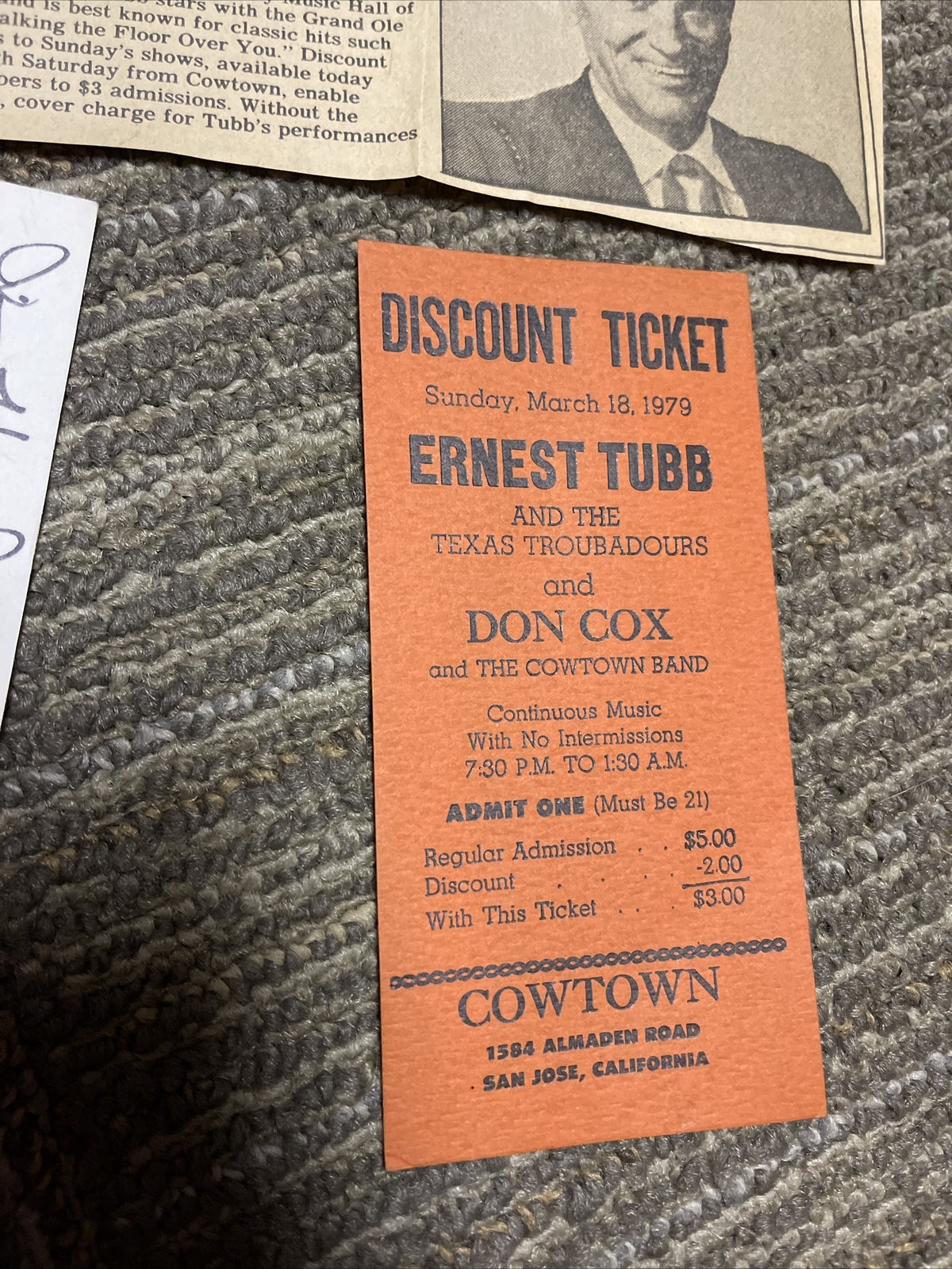 ERNEST TUBB (1921-1991) signed Business Card Cowtown San Jose Ca 19792