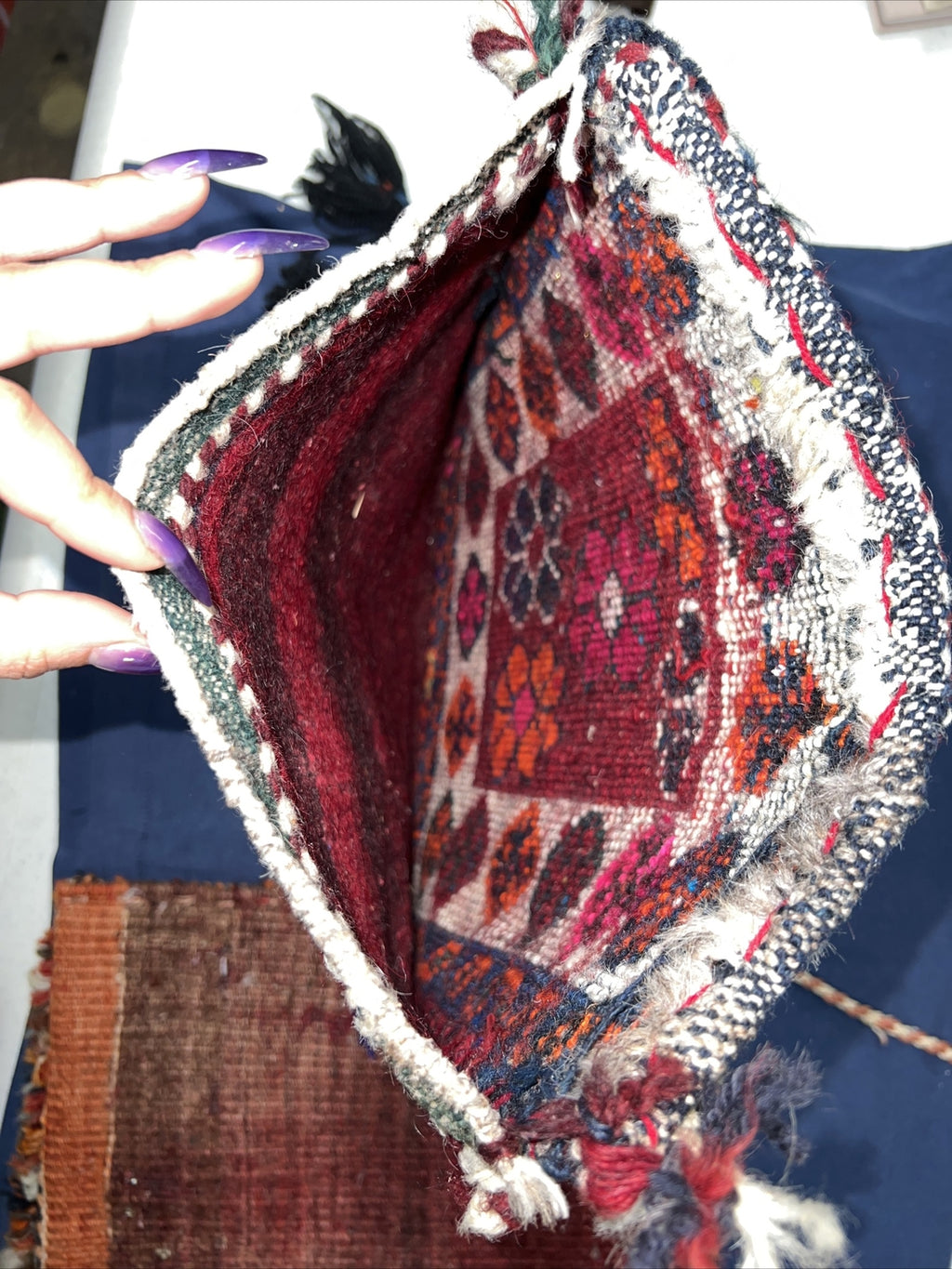 Vintage Hand Made Purse Boho Coachella Hispanic Rug bag Yarn See Description10