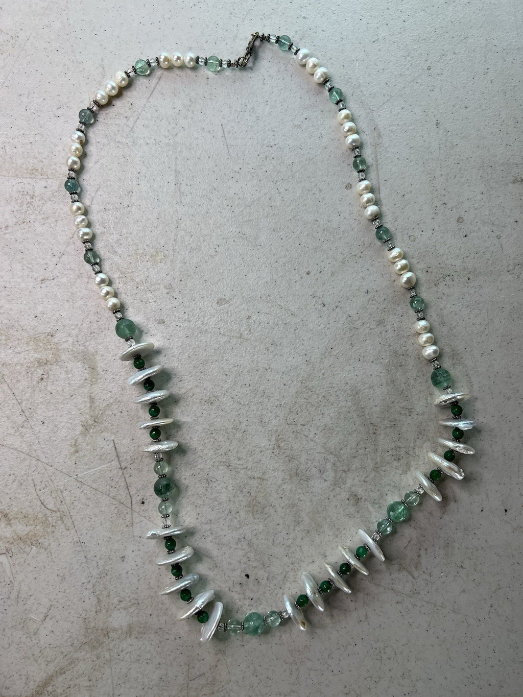 Vintage Green & Pearl Beaded Necklace w/ Shell Discs, 16.5" Handmade Clasp0