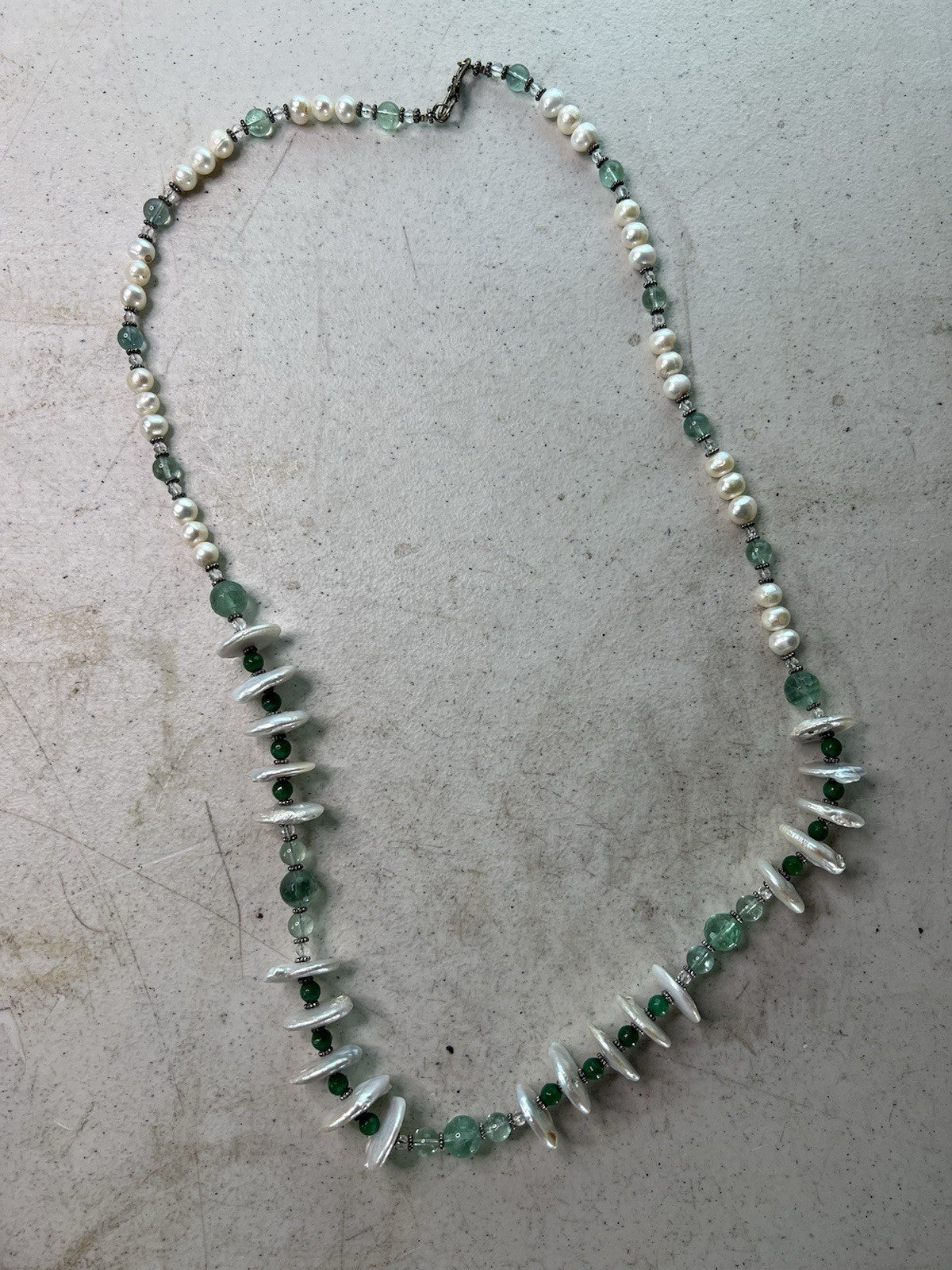Vintage Green & Pearl Beaded Necklace w/ Shell Discs, 16.5" Handmade Clasp0