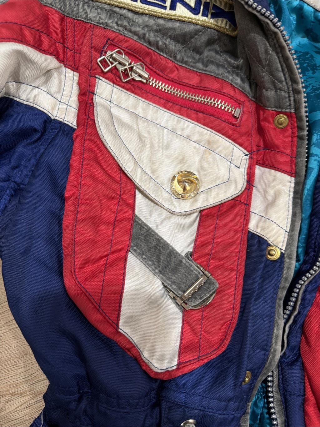 Phenix Sports Ski Jacket 90s Women’s Size 10 Red Blue Snowboard Hidden Hood Zip5