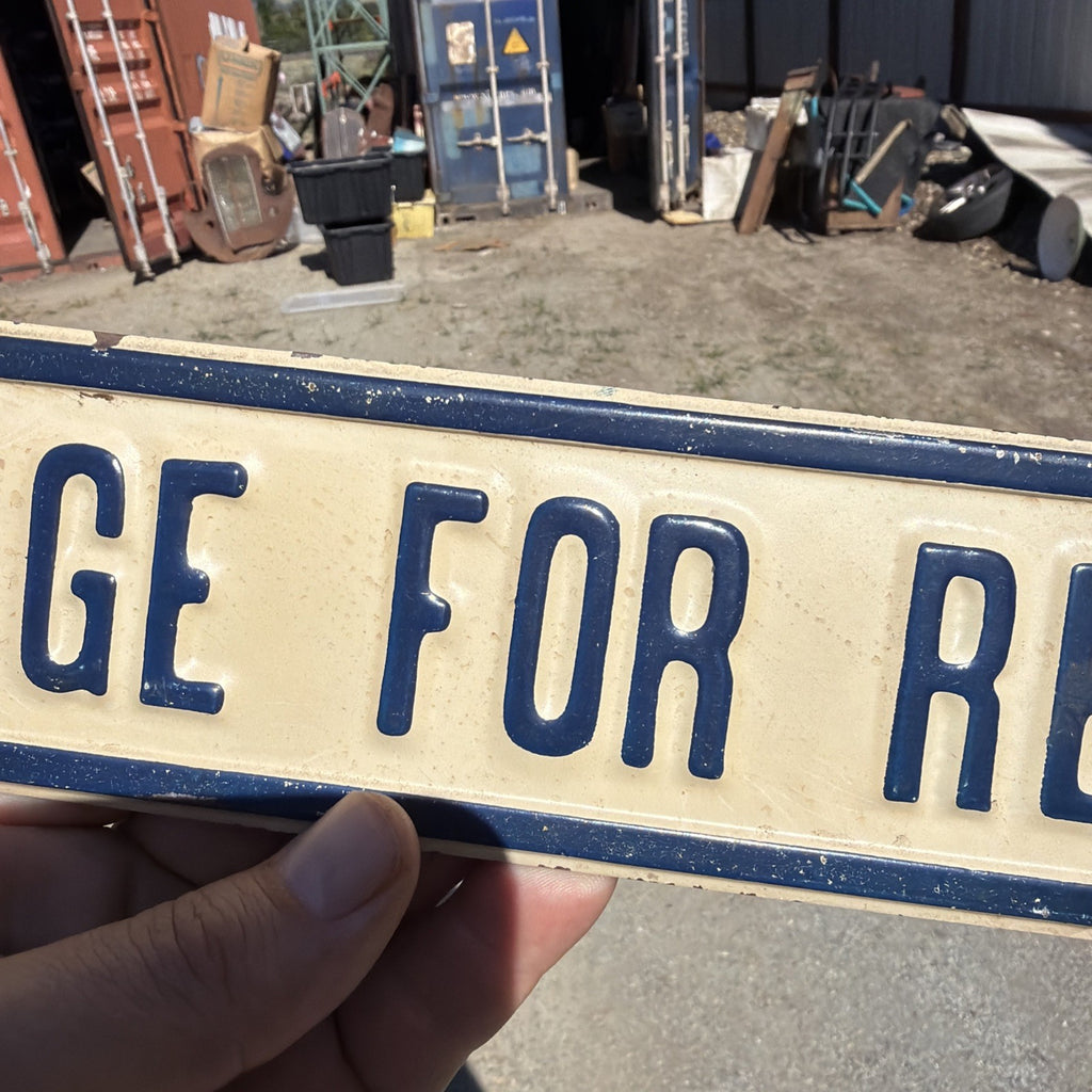 Vintage Metal Garage For Rent Sign Embossed Door Sign 12 x 2.52