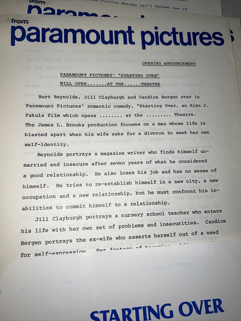 Vintage 1979 Starting Over Film Memorabilia Folder Paramount Studios 1