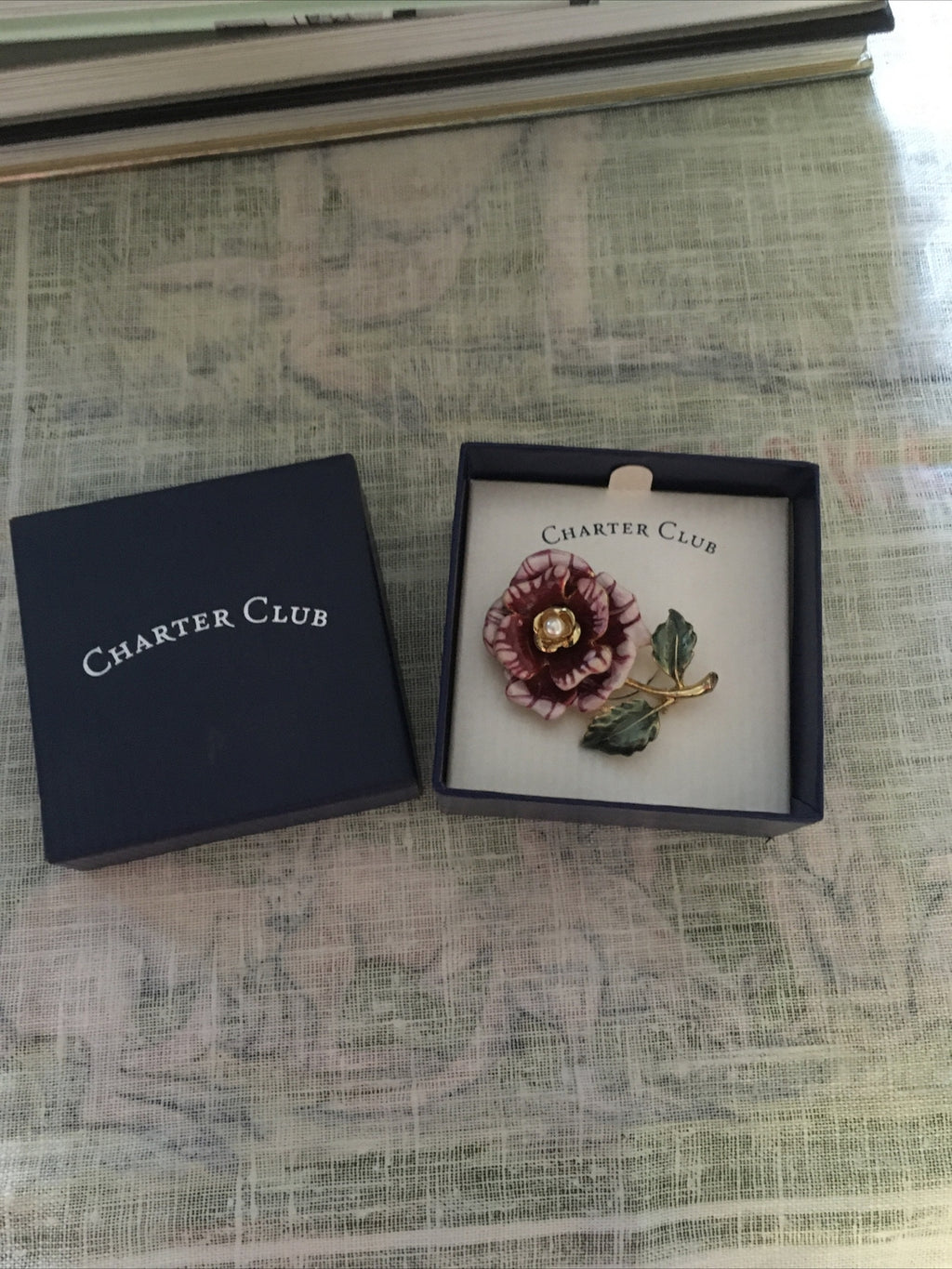 New Charter Club Goldtone Pink Flower Pin Brooch In Original Box0