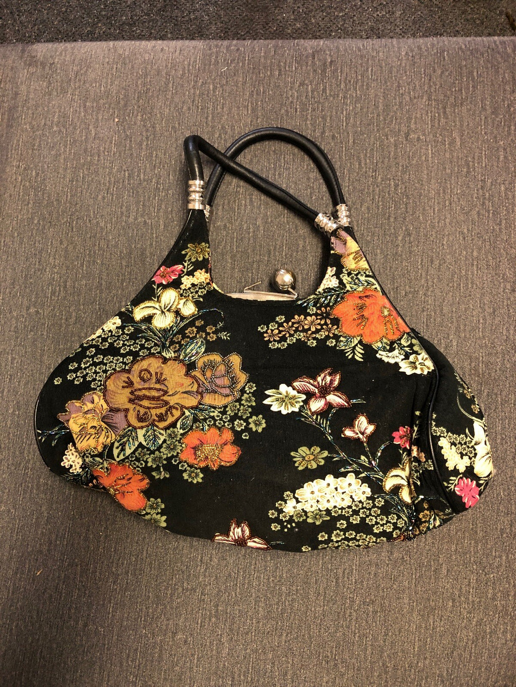 Handmade Quilted Handbag Shoulder Tote Bag Flower Floral Print Black 15x8x4in1