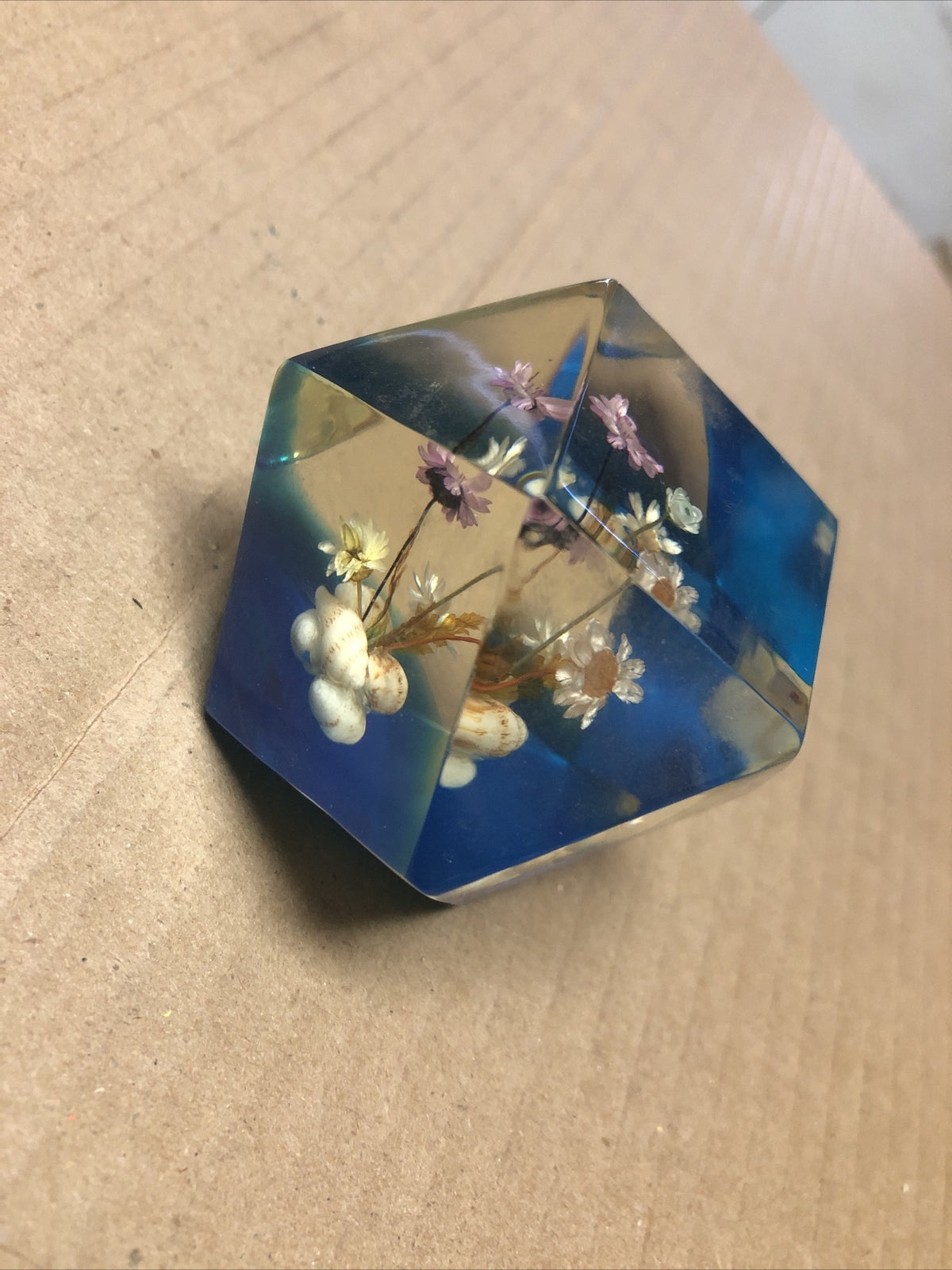 Vintage Chinese Glass Paperweight Flowers Sea Shells 2”x2” Republic Of China0