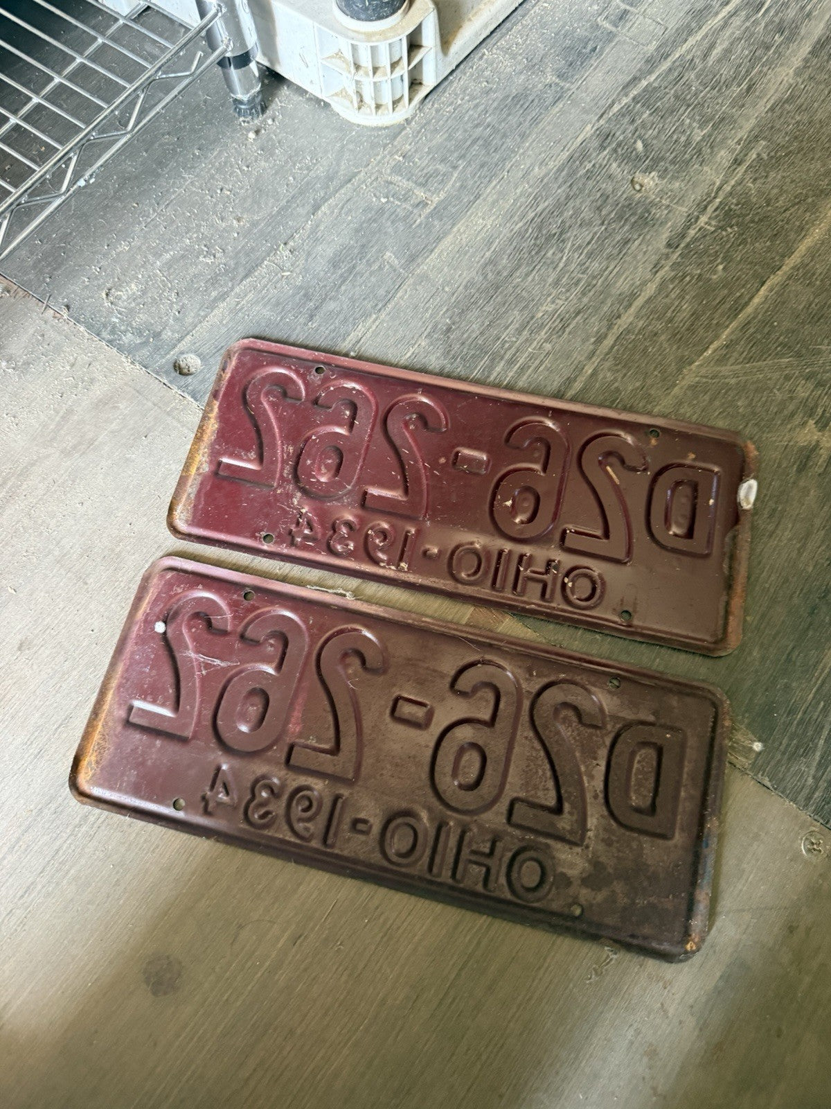 Vintage 1934 Ohio License Plate Matching Pair - Original Maroon & White5