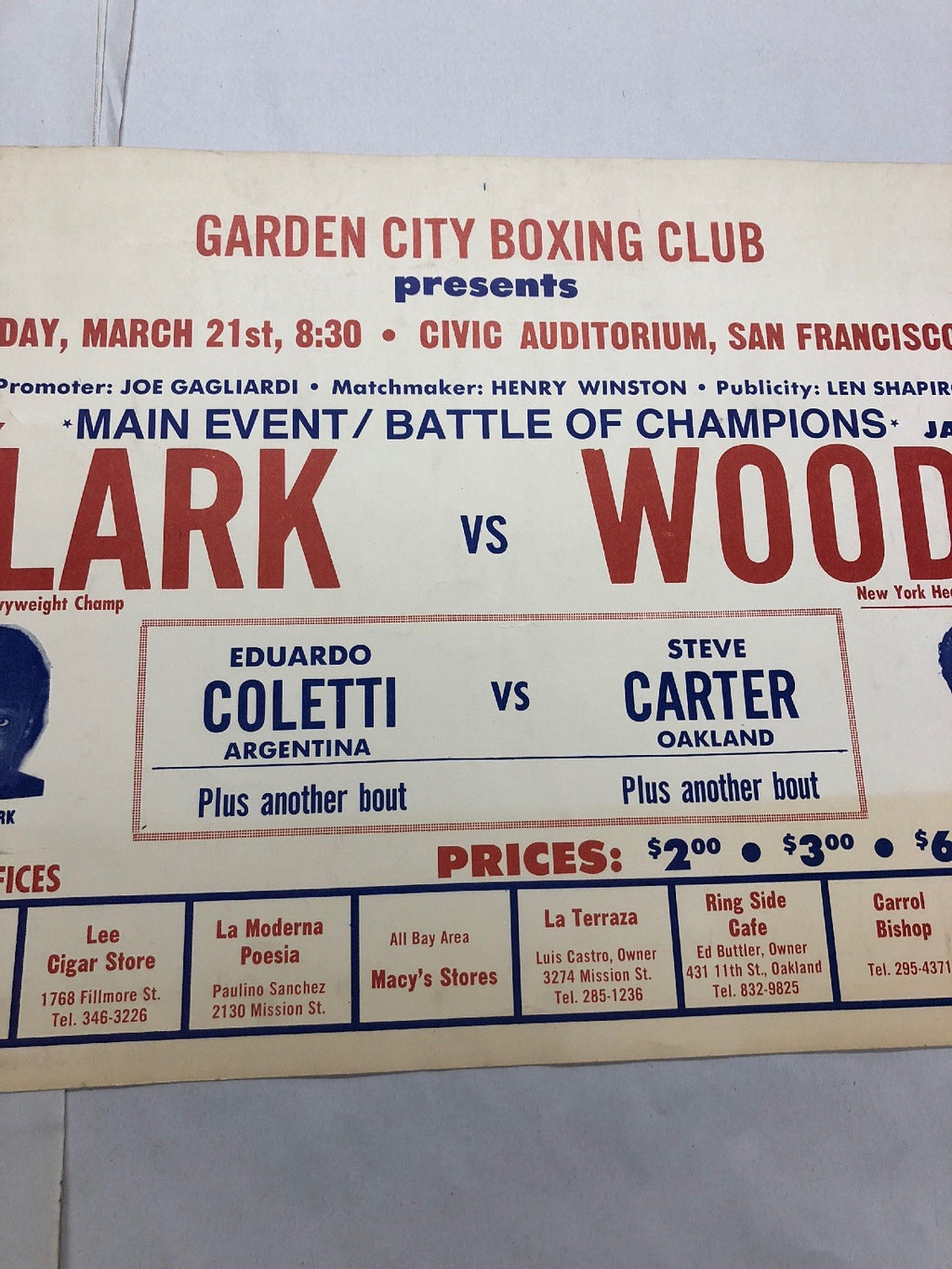 Henry Clark VS. James Woody SF Civic vintage Onsite Boxing poster RARE!!2