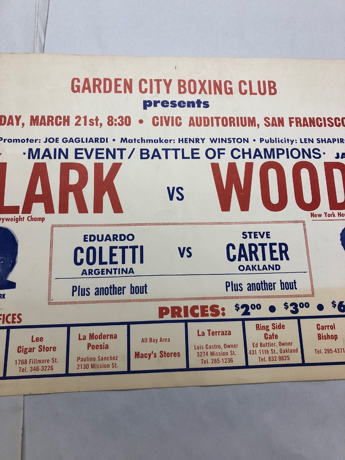 Henry Clark VS. James Woody SF Civic vintage Onsite Boxing poster RARE!!2