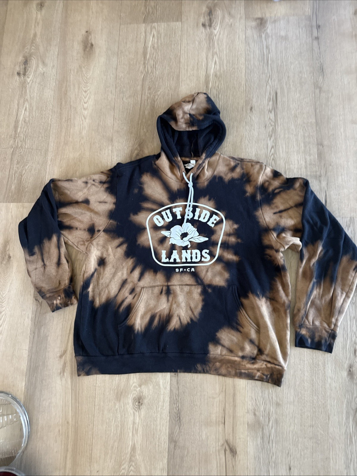 Outside Lands SF CA Festival Hoodie Bleach Dye Acid Wash Reworked Black Tan0