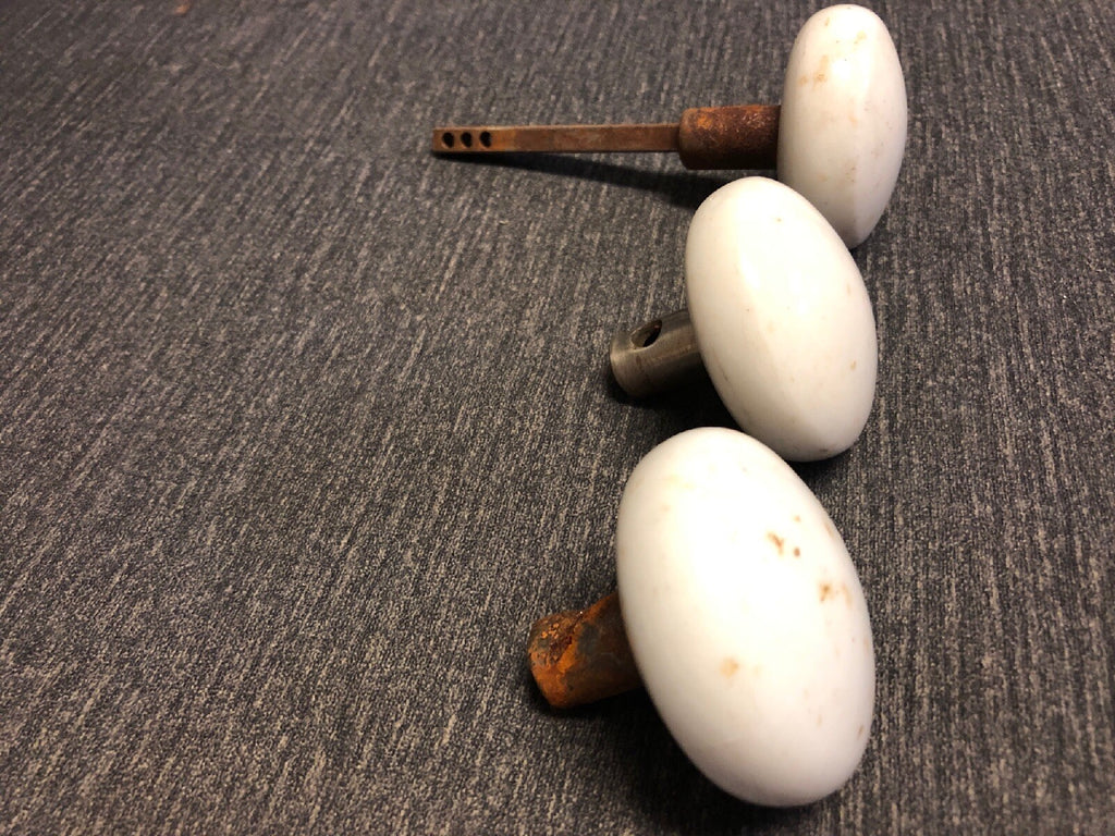 Rare 3 Prouty's Rigid Door Knobs Porcelain Antique Hardware Salvage 1880s2