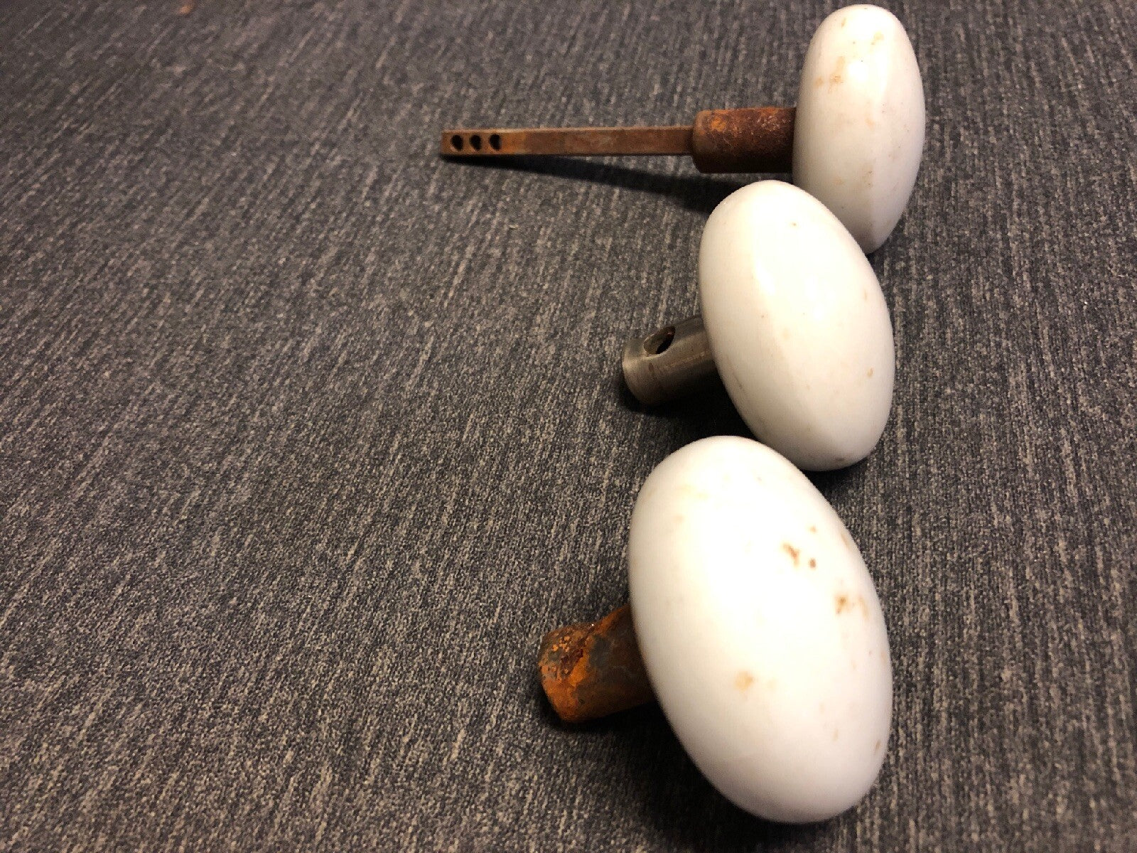 Rare 3 Prouty's Rigid Door Knobs Porcelain Antique Hardware Salvage 1880s2
