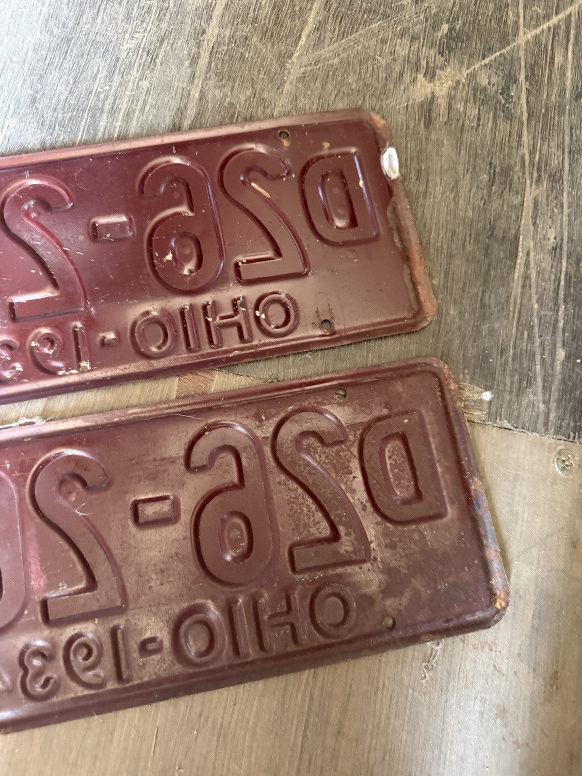 Vintage 1934 Ohio License Plate Matching Pair - Original Maroon & White8