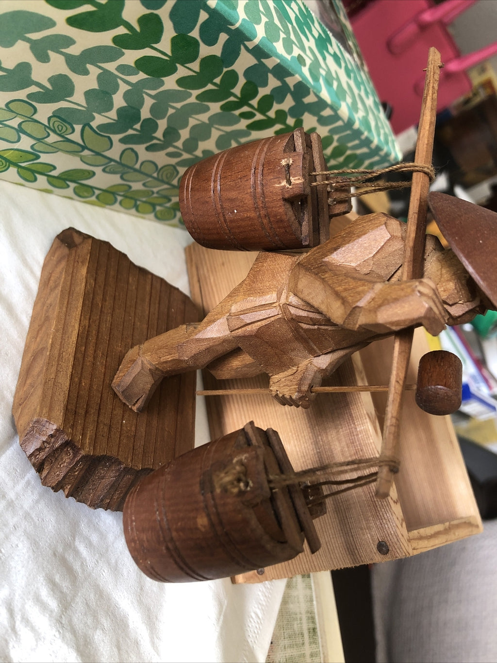 Vintage Hand Carved Wooden Japanese / Chinese Man Carrying Barrels 5” With Box1
