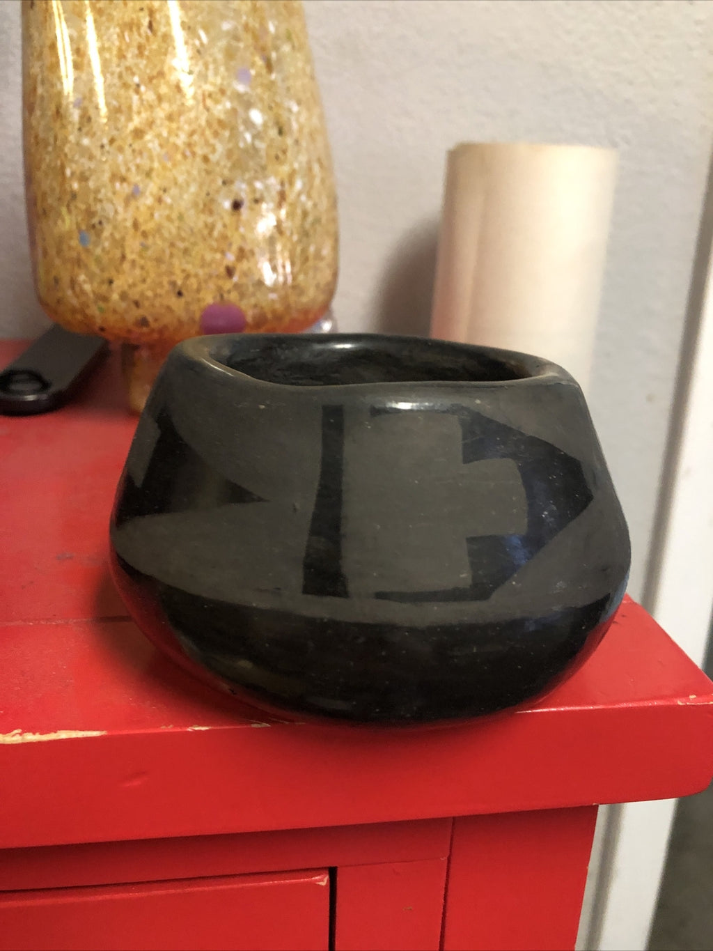 Vintage Handmade Black On Black Tribal Native Pottery Bowl 4”x2.5”1