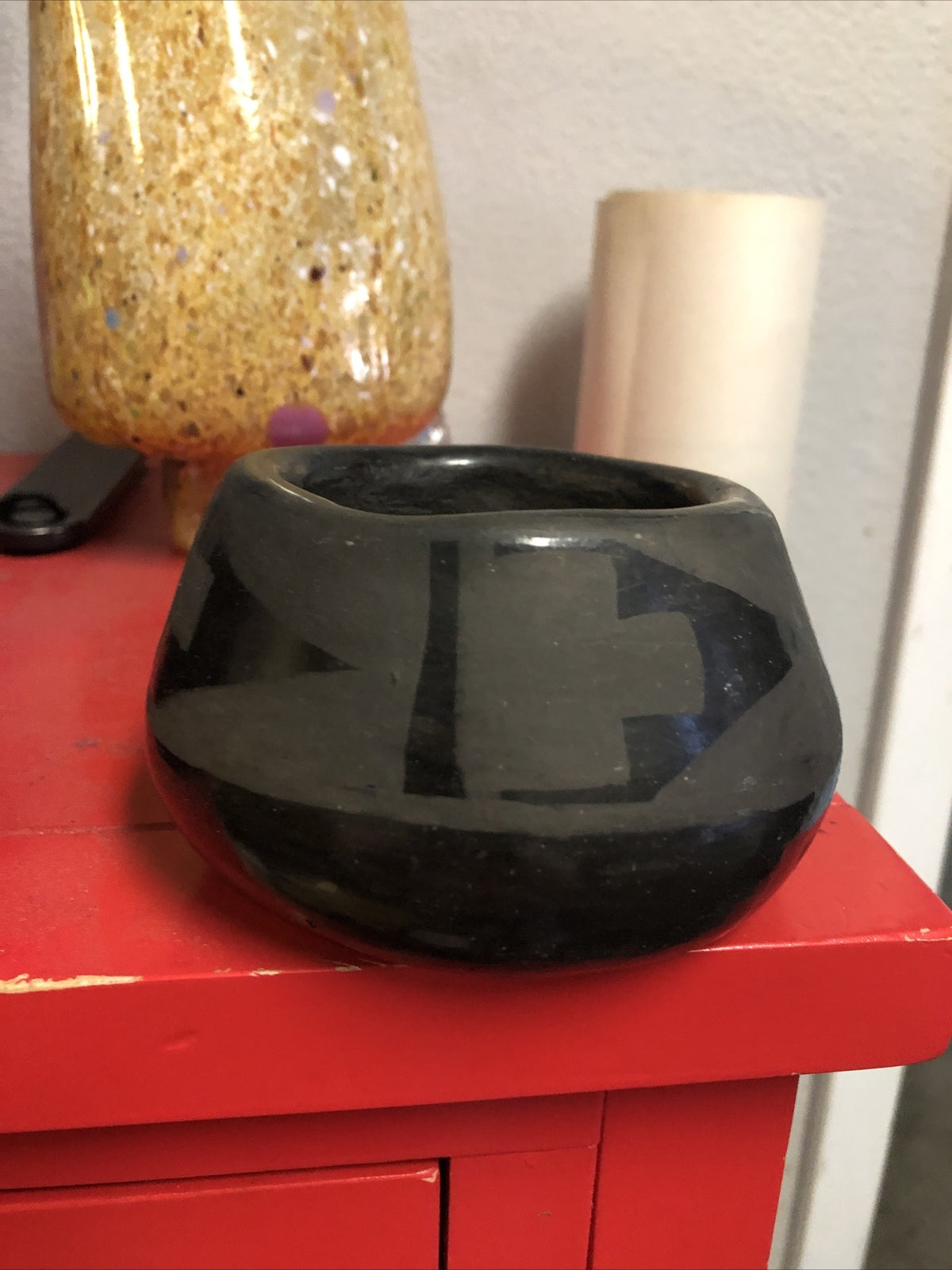 Vintage Handmade Black On Black Tribal Native Pottery Bowl 4”x2.5”1