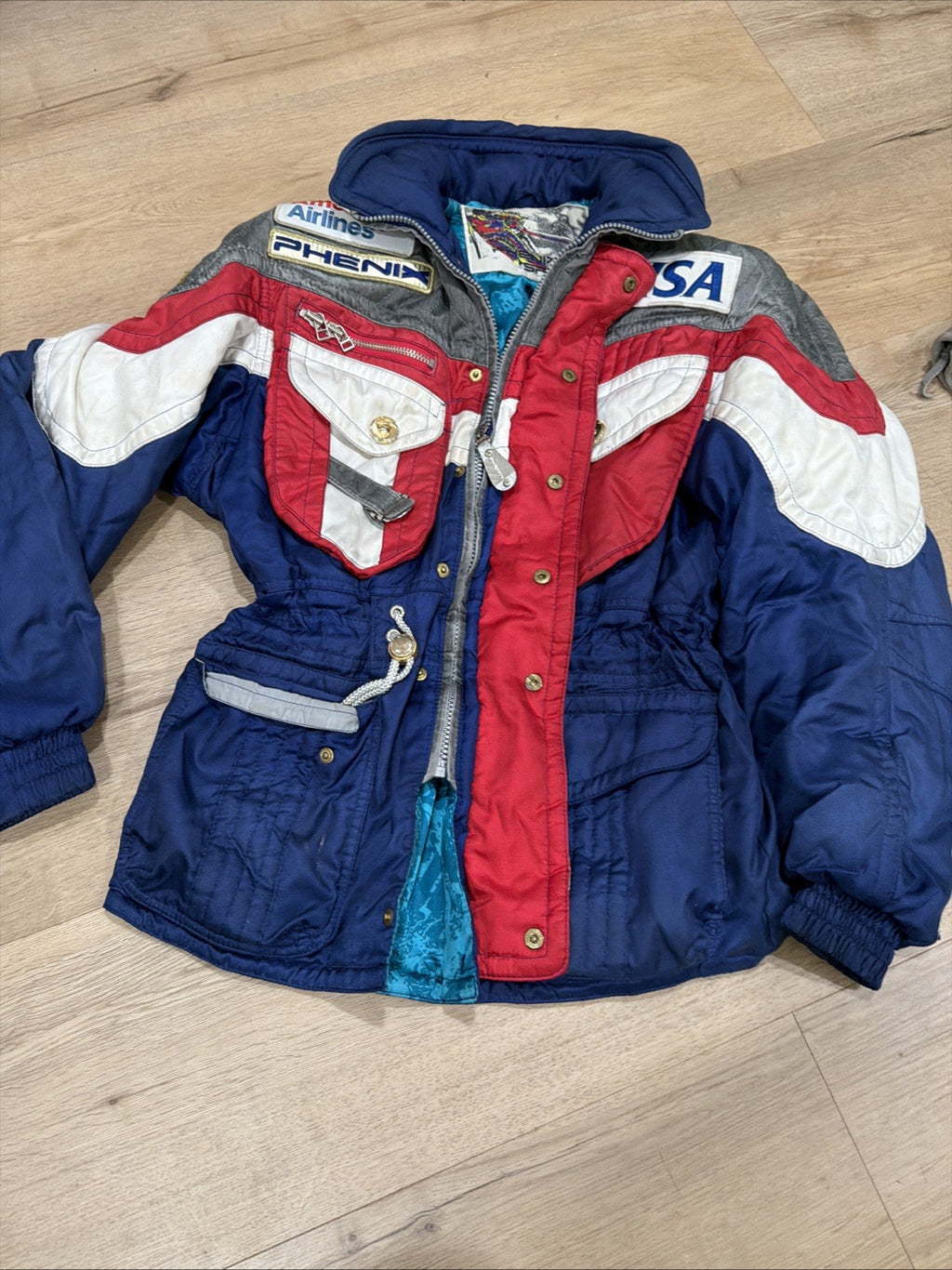 Phenix Sports Ski Jacket 90s Women’s Size 10 Red Blue Snowboard Hidden Hood Zip0