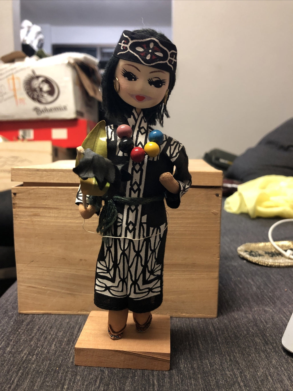 Vintage Japanese Fabric Girl Figurine 8 1/2"h  w/ wood base0