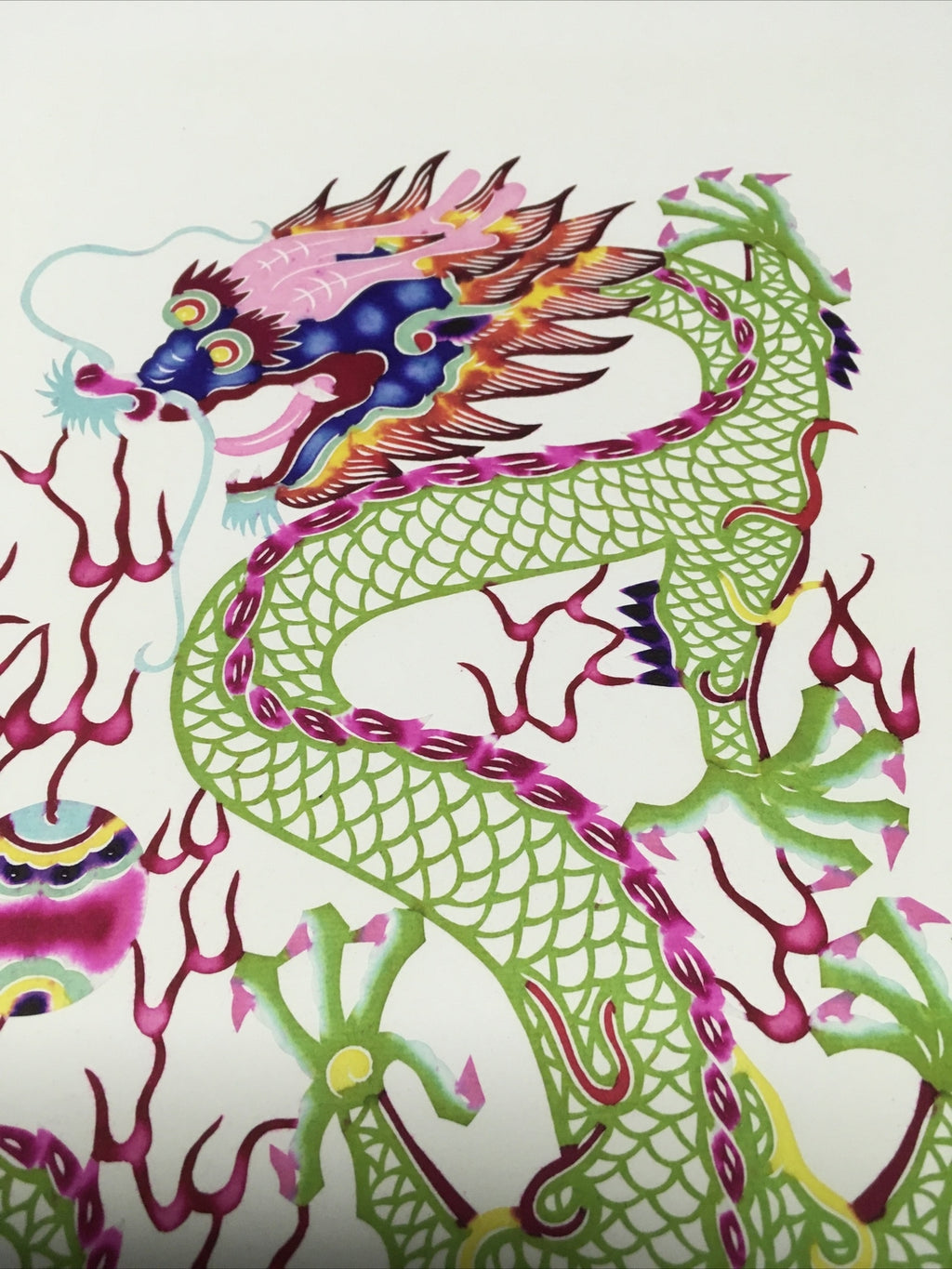 Antique Asian Chinese papercut detailed Hand Colored Dragon/Long With Ball 13x167