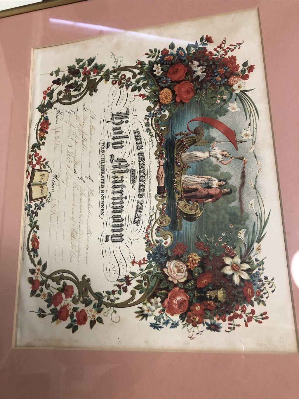 Antique 1869 Victorian Framed Marriage Certificate Holy Matrimony 15.5”x13.5”1