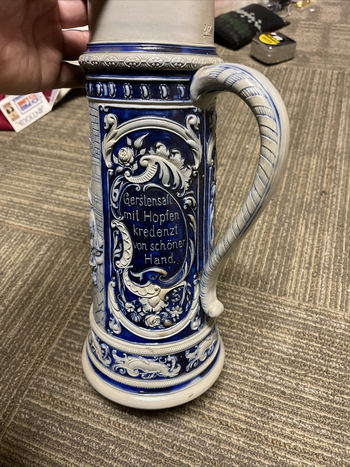 Large Antique Salt-Glazed 2.5L German Beer Stein At The Pub #1195 Cobalt Mug8