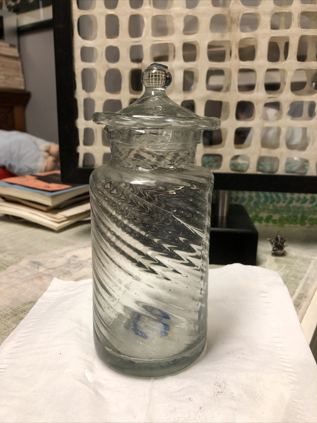 Vintage Clear Swirl Glass Canister With Lid Candy Jar 7.5”x3”0