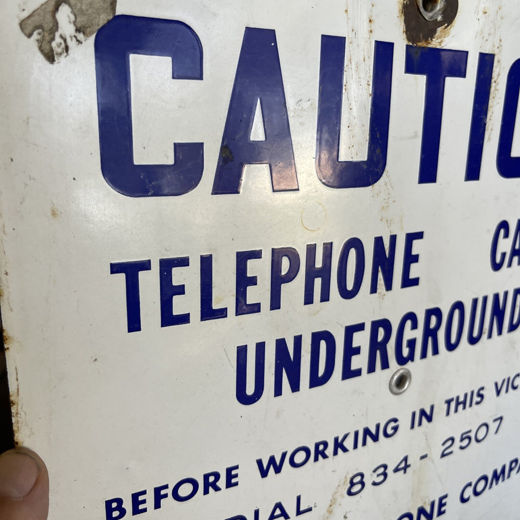 Cobalt Blue Porcelain Sign Caution Cable Underground General Telephone 12”1