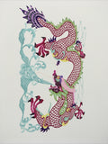 Antique Asian Chinese paper cut detailed Hand Colored Dragon/Long Blue Fire0