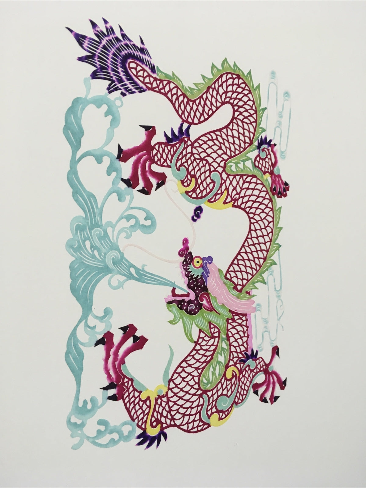 Antique Asian Chinese paper cut detailed Hand Colored Dragon/Long Blue Fire0