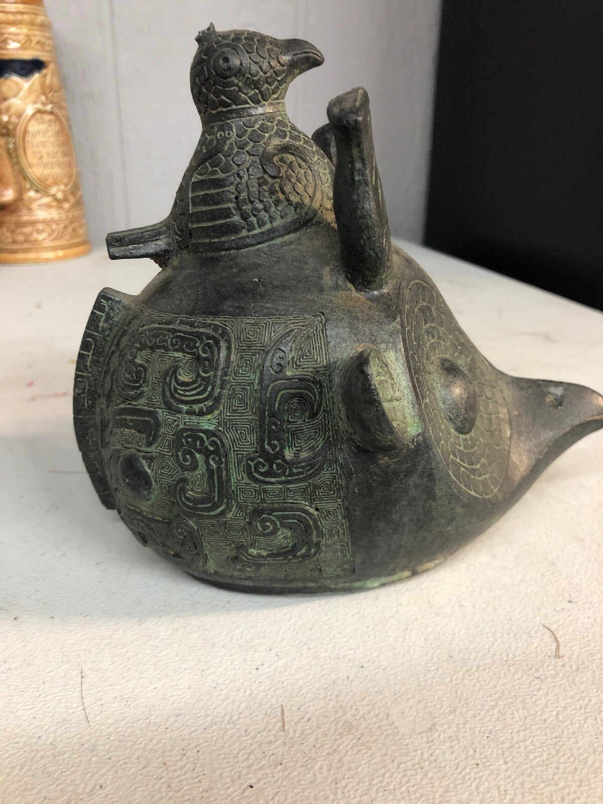 Vintage Asian Or Egyptian Or South American Metal Owl Hawk W Bird Head.2