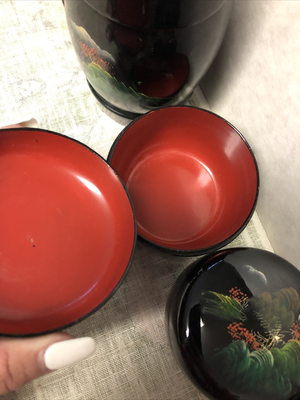 Vintage Fujian Lacquer Ware Asian Black Hand Painted Lot Of 65