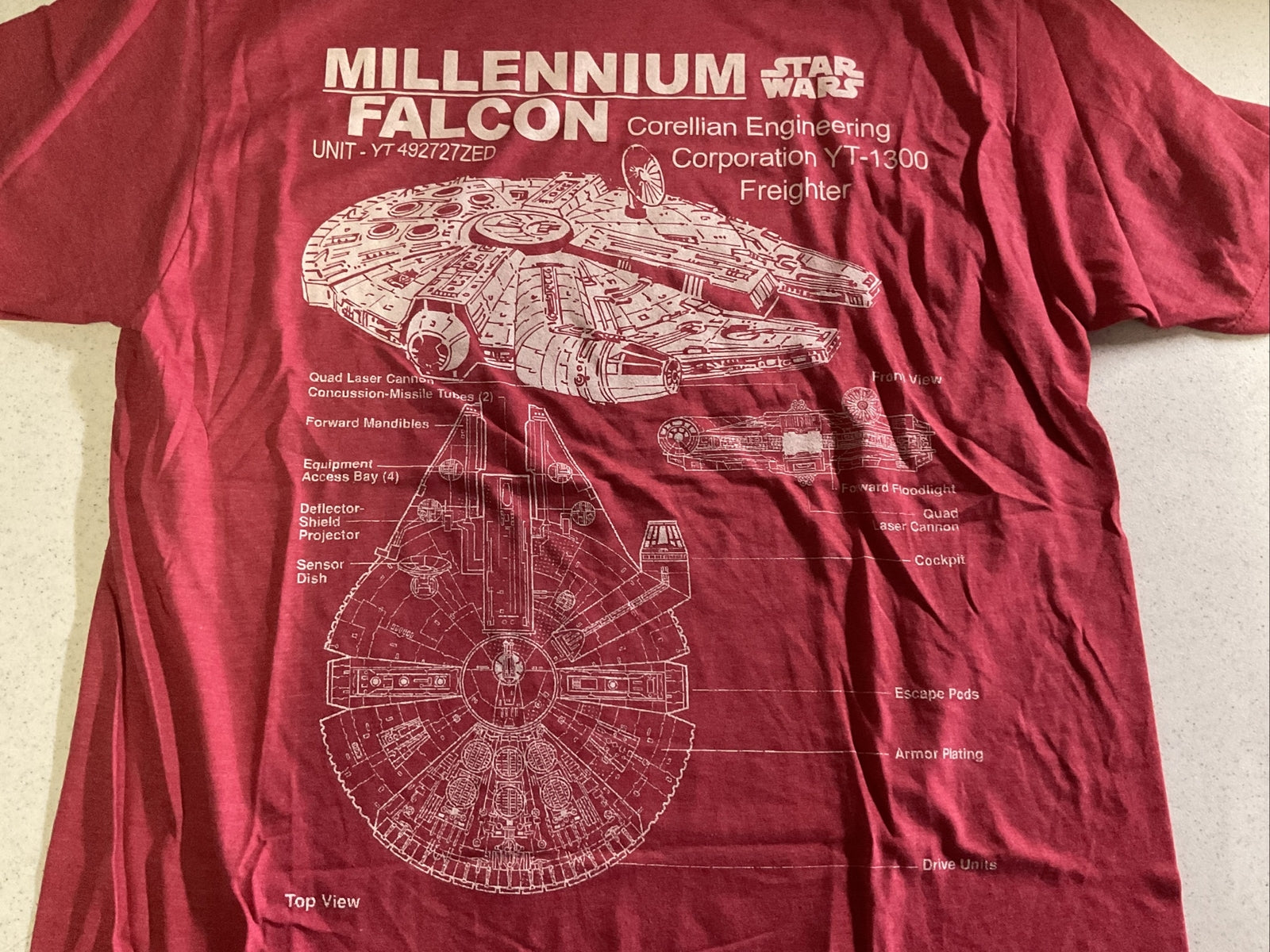 Star Wars T-Shirt Mens Large Millennium Falcon Diagram Graphic Tee Heather Red1