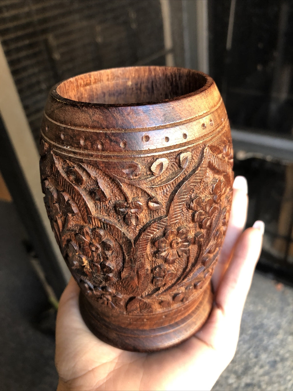 Vintage Hand Carved Wooden Cup Flower Design 4.5”x3”3