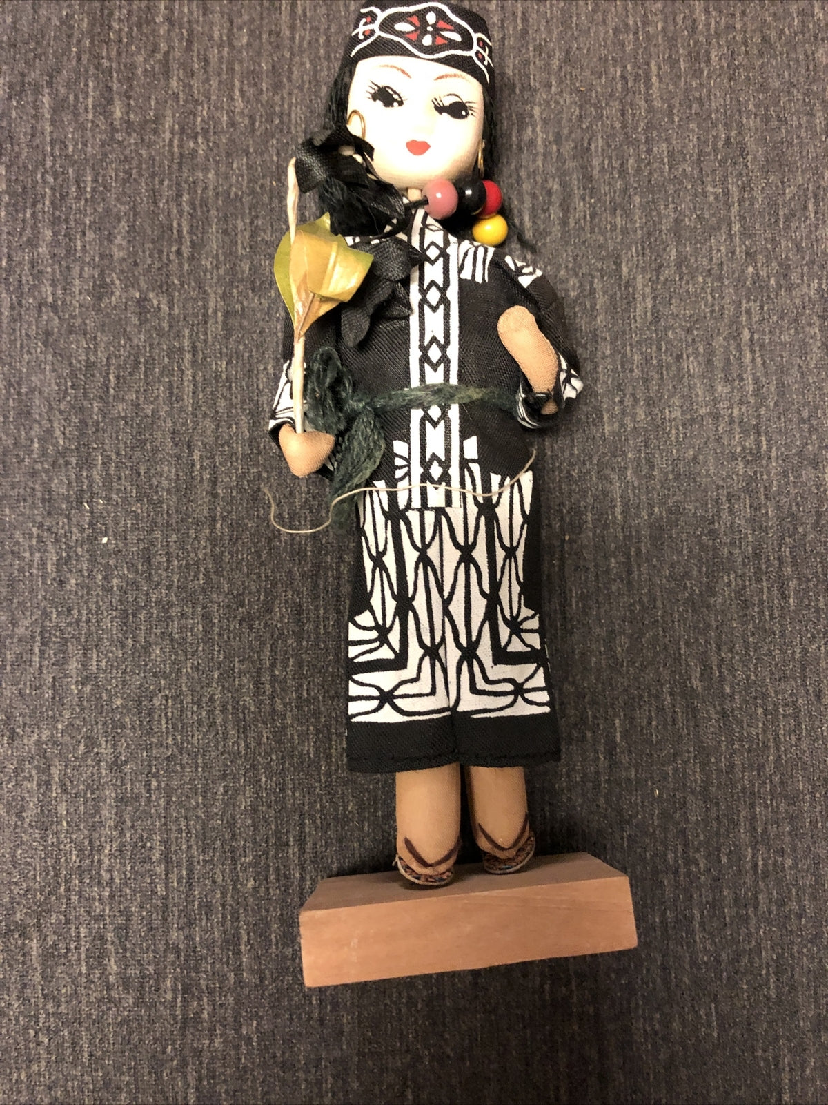 Vintage Japanese Fabric Girl Figurine 8 1/2"h  w/ wood base1