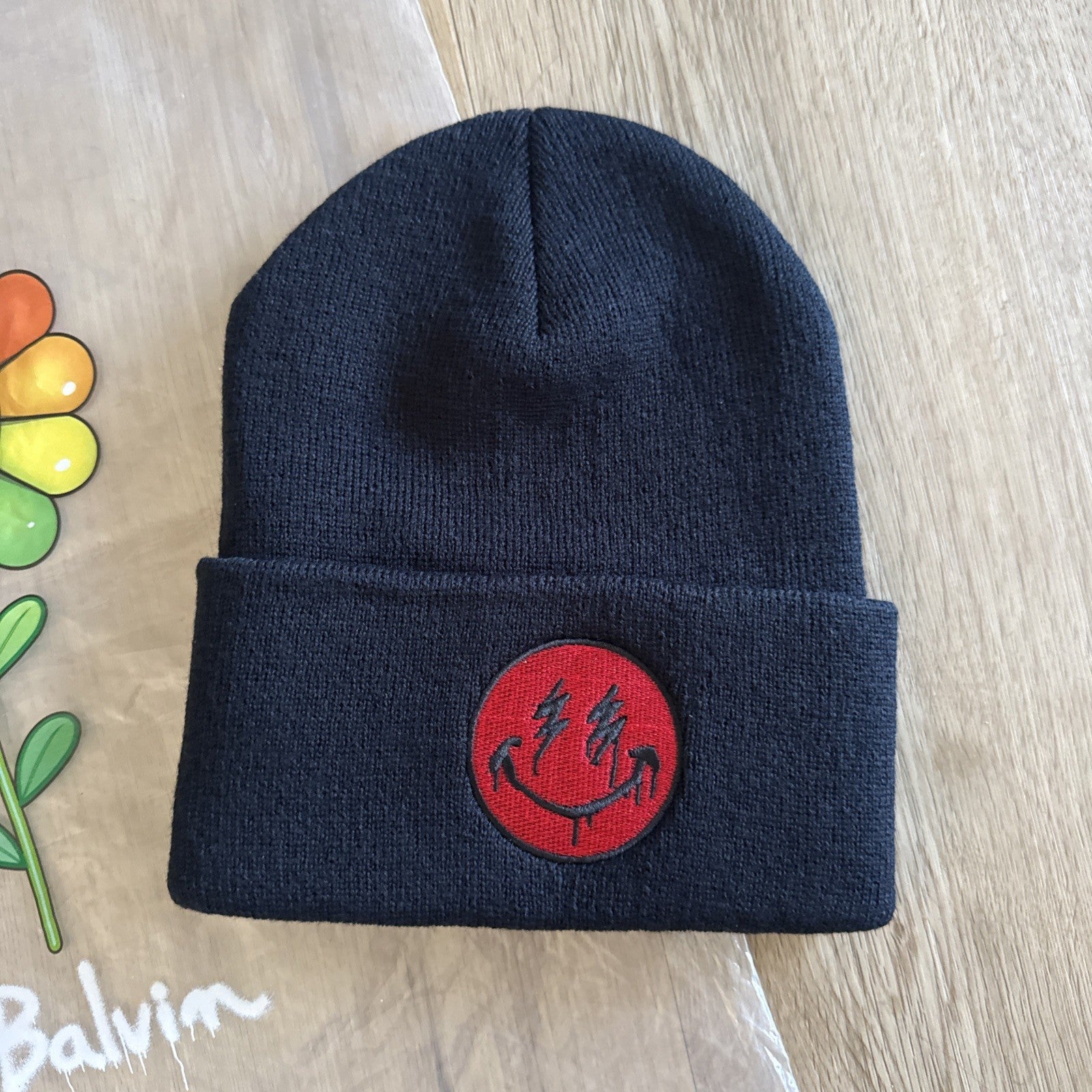 J Balvin Red Smiley Face Beanie - Streetwear Unisex Winter Knit Hat1