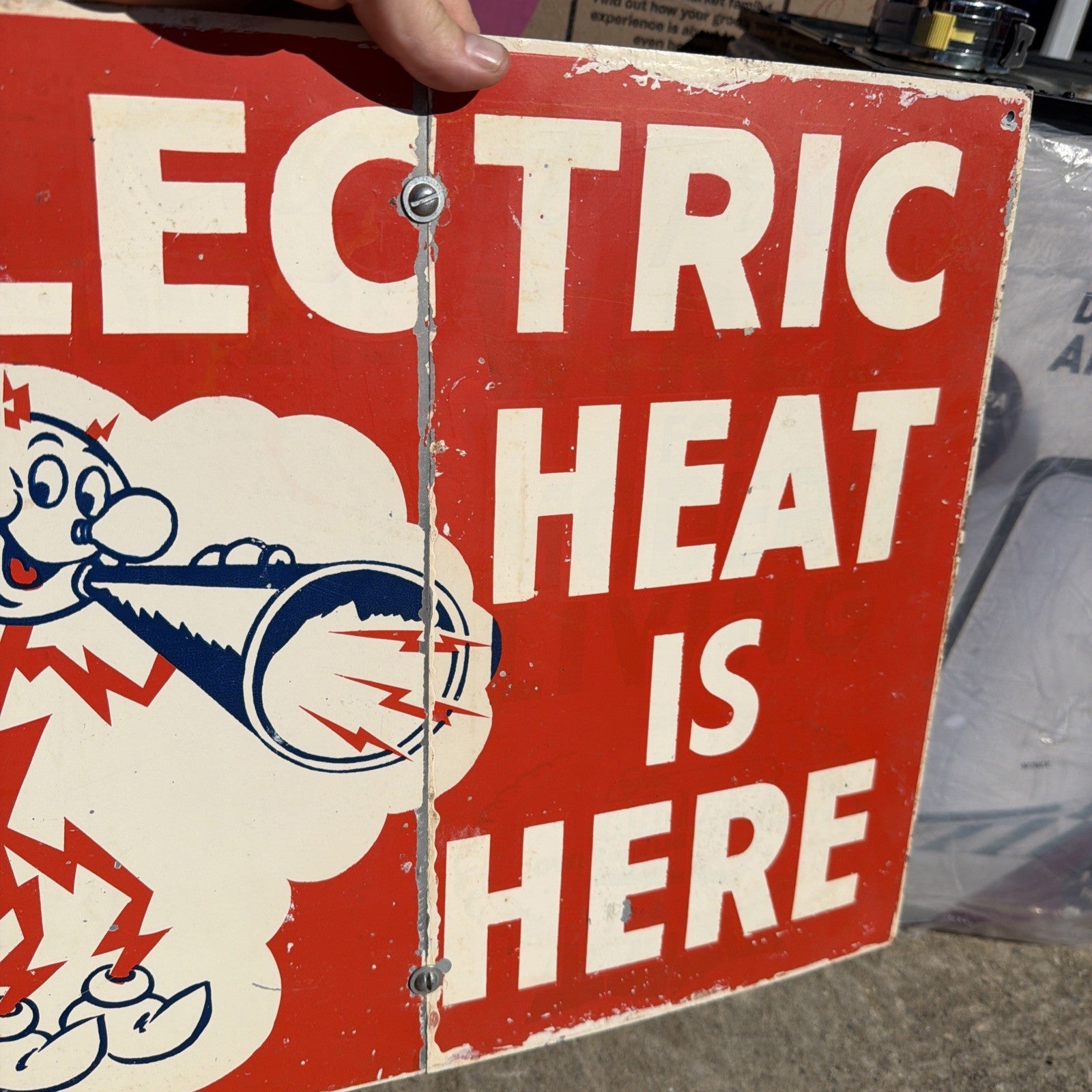 Original 1950-60s Reddy Kilowatt Electric Heat Is Here Company Sign 20” X 16”6