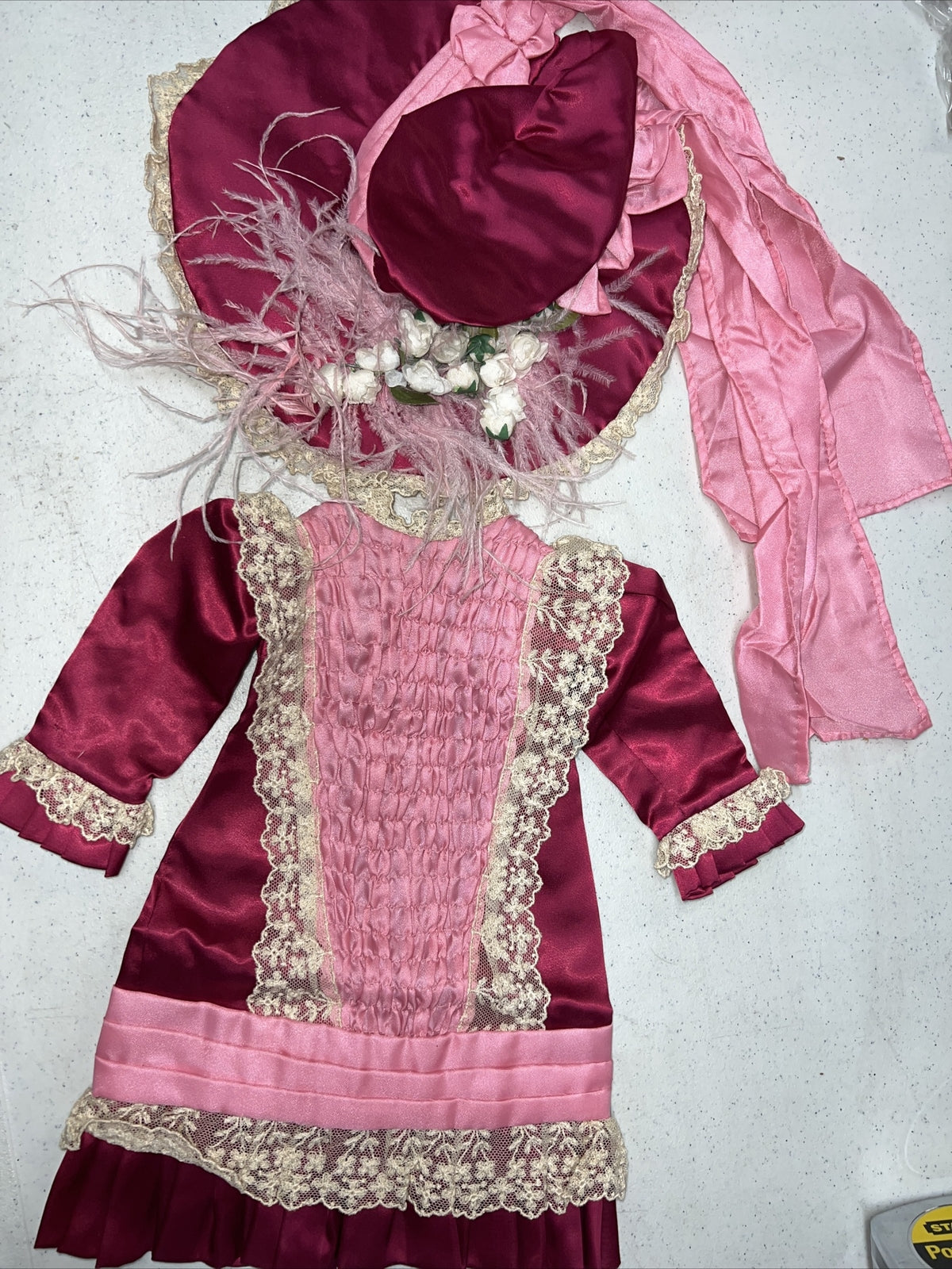 Beautiful Pink Antique Vintage 1800’s Doll Dress and Hat Set0