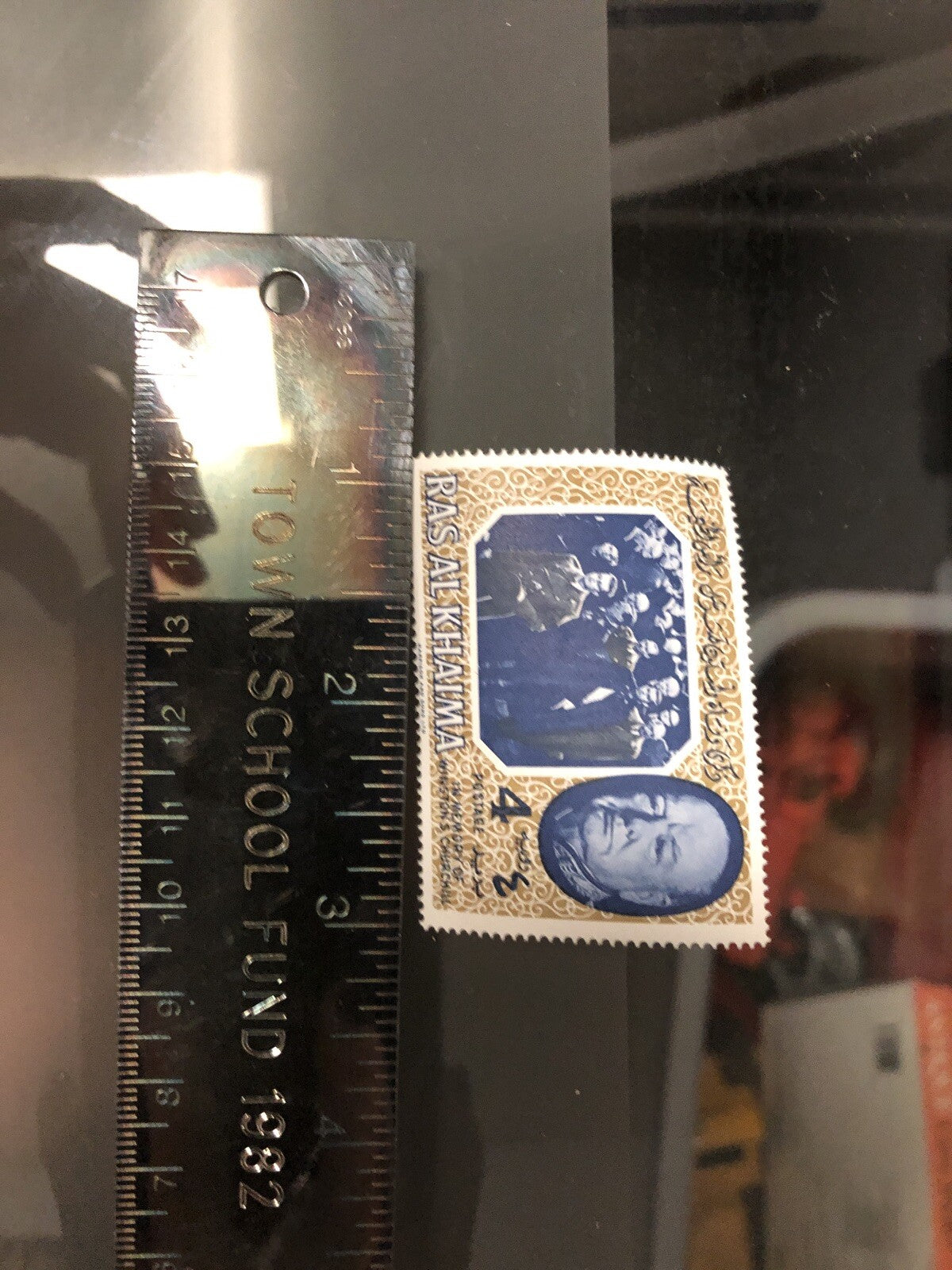 Lot 3: RAS AL KHAIMA 1966 RARE CURRENCY SURCHARGE “FILS” WINSTON CHURCHILL STAMP0