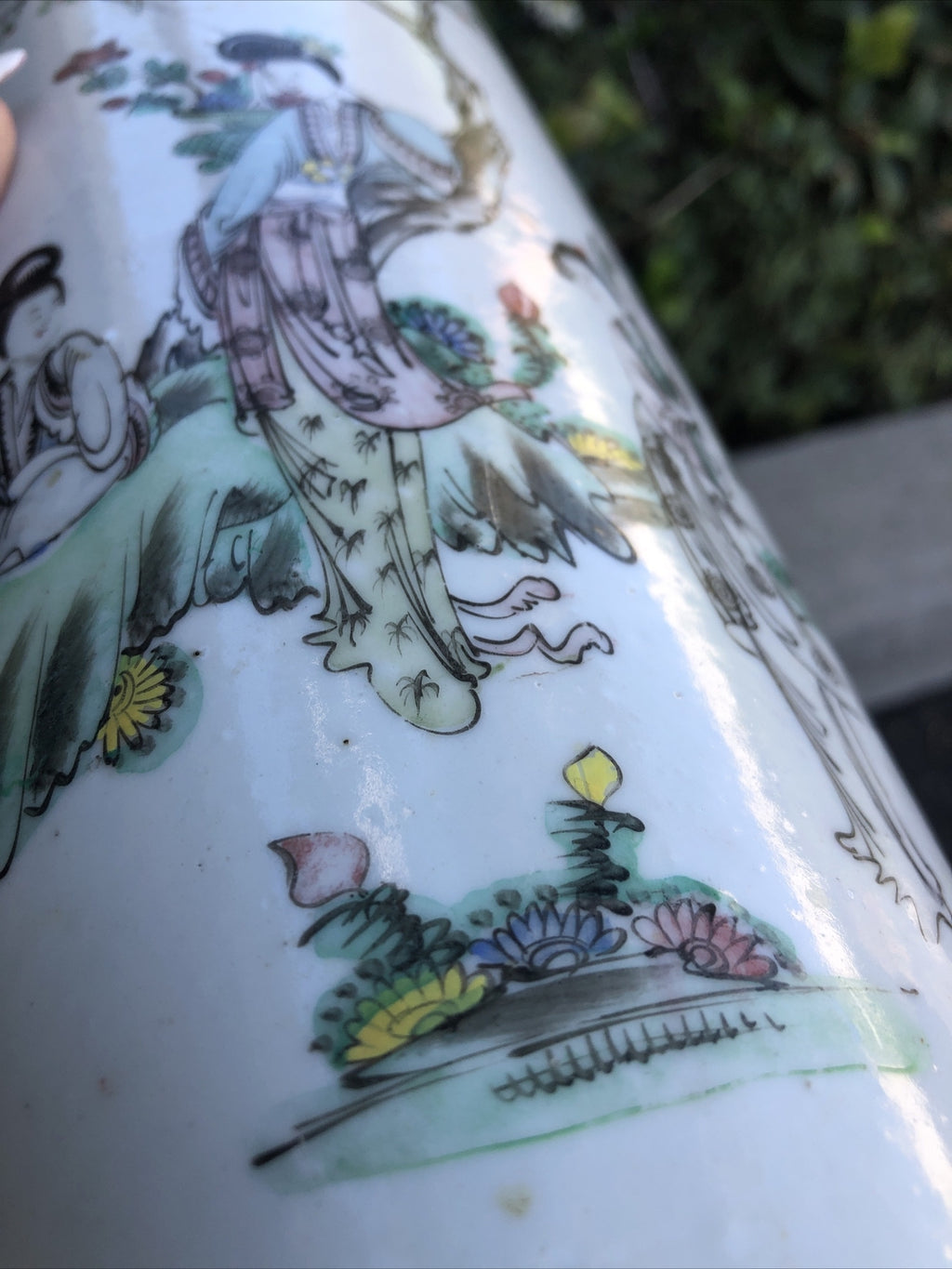 Antique Chinese Famille Rose Porcelain Hat-Stand Vase 11”x5” Family In Nature9