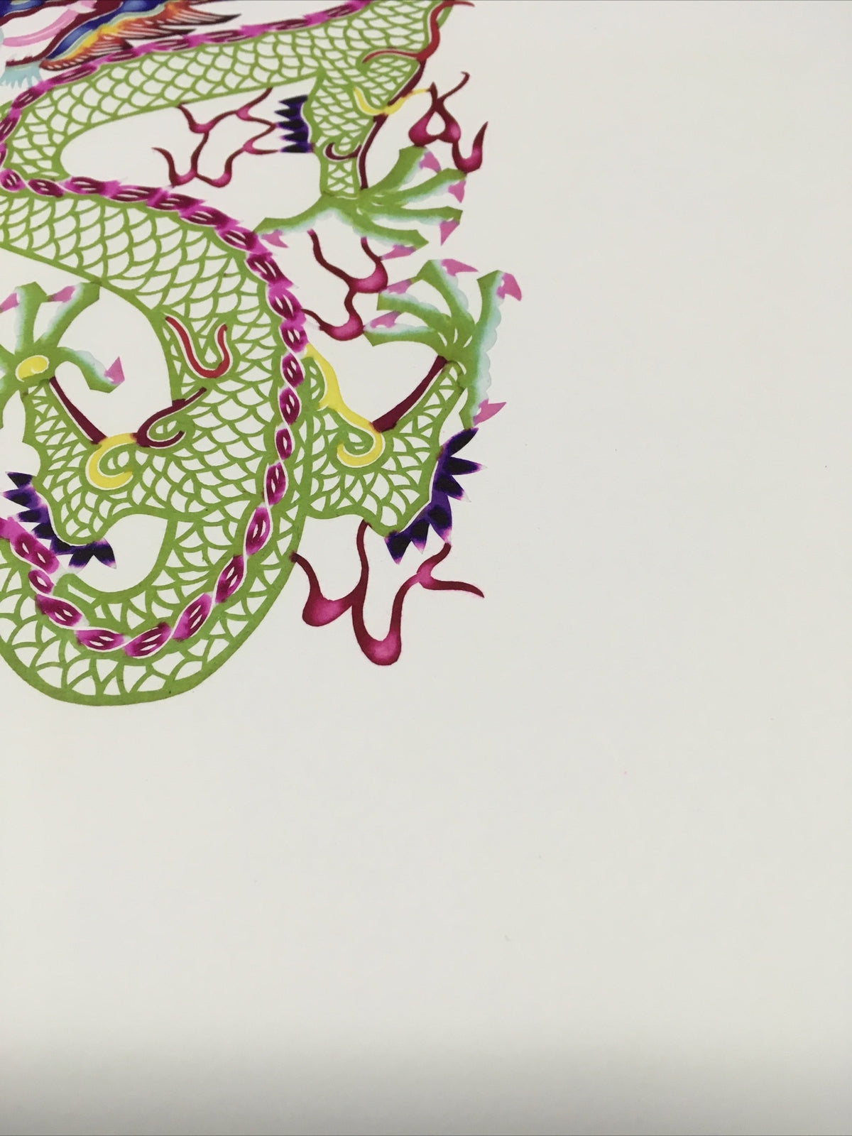 Antique Asian Chinese papercut detailed Hand Colored Dragon/Long With Ball 13x166