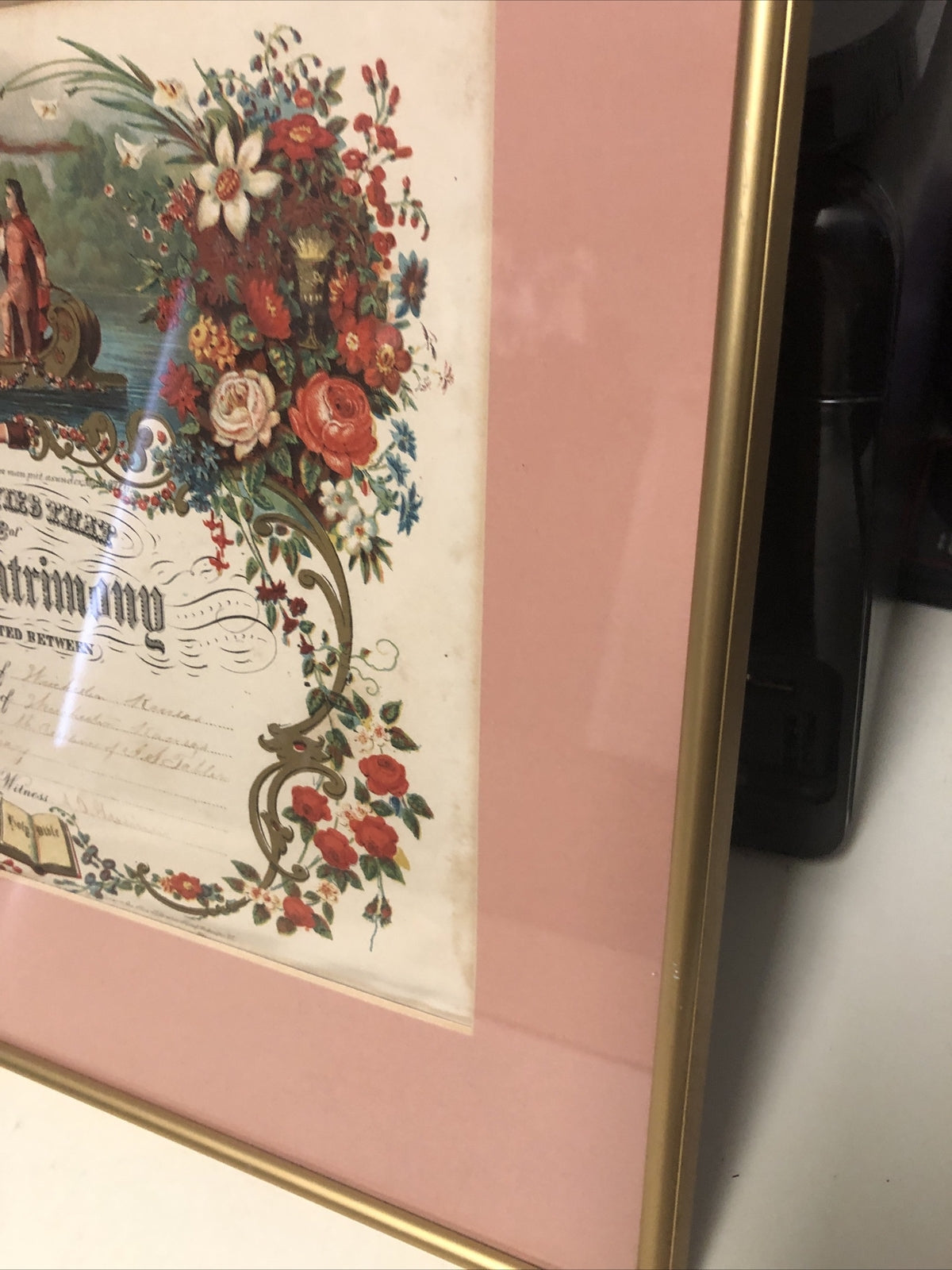 Antique 1869 Victorian Framed Marriage Certificate Holy Matrimony 15.5”x13.5”5